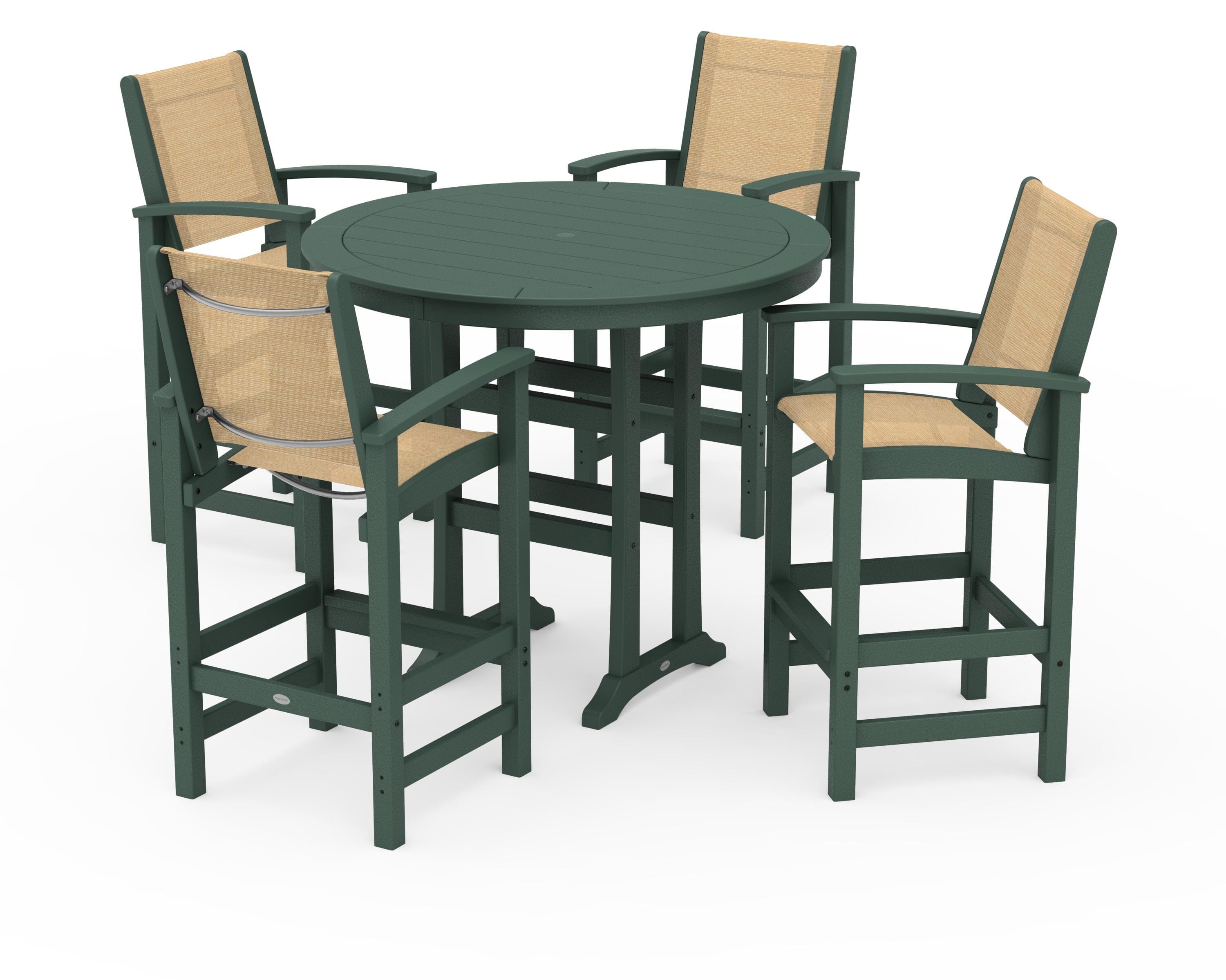 POLYWOOD Coastal 5-Piece Nautical Trestle Bar Set in Green / Dupioni Apricot Sling