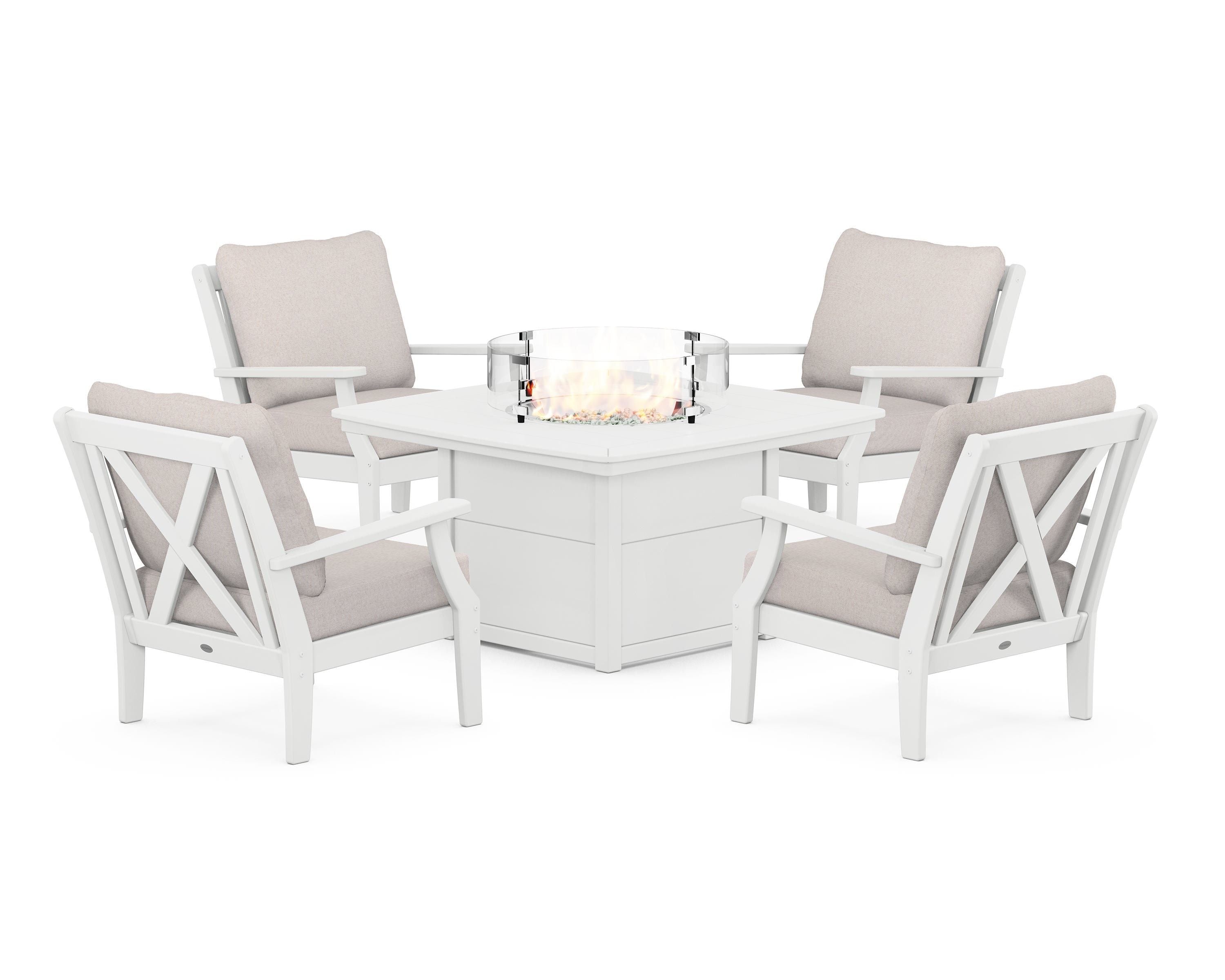 POLYWOOD Braxton 5-Piece Deep Seating Conversation Set with Fire Pit Table in White / Dune Burlap