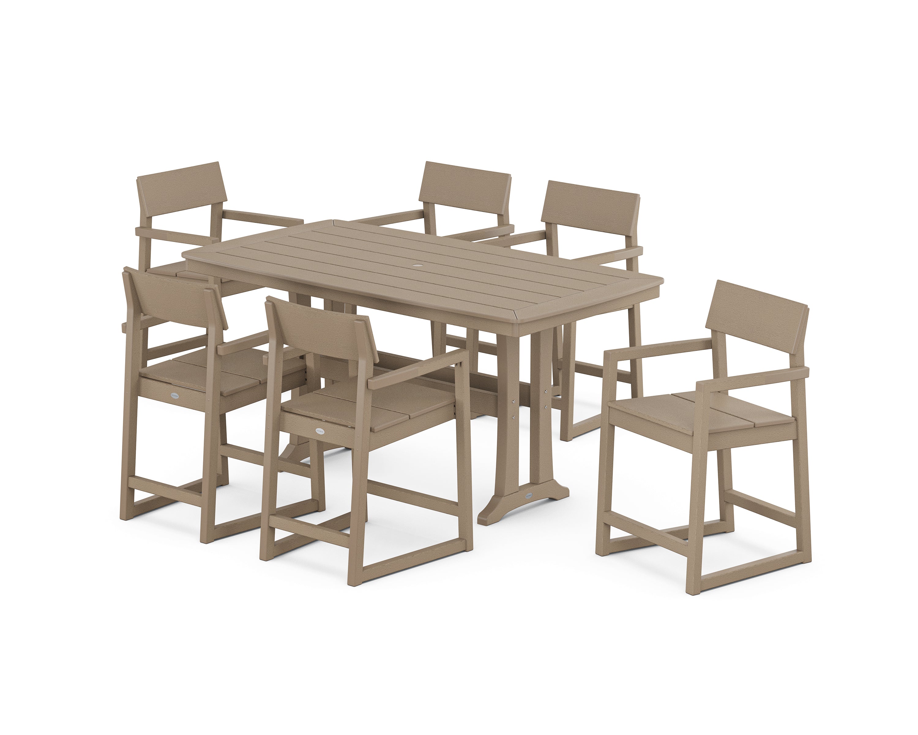 POLYWOOD EDGE Arm Chair 7-Piece Counter Set with Trestle Legs in Vintage Sahara