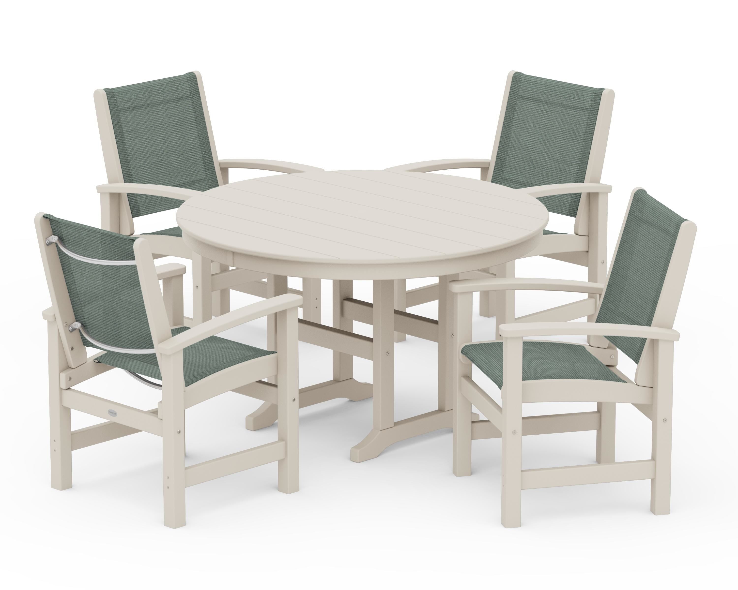POLYWOOD Coastal 5-Piece Round Farmhouse Dining Set in Sand / Dupioni Sea Mist Sling