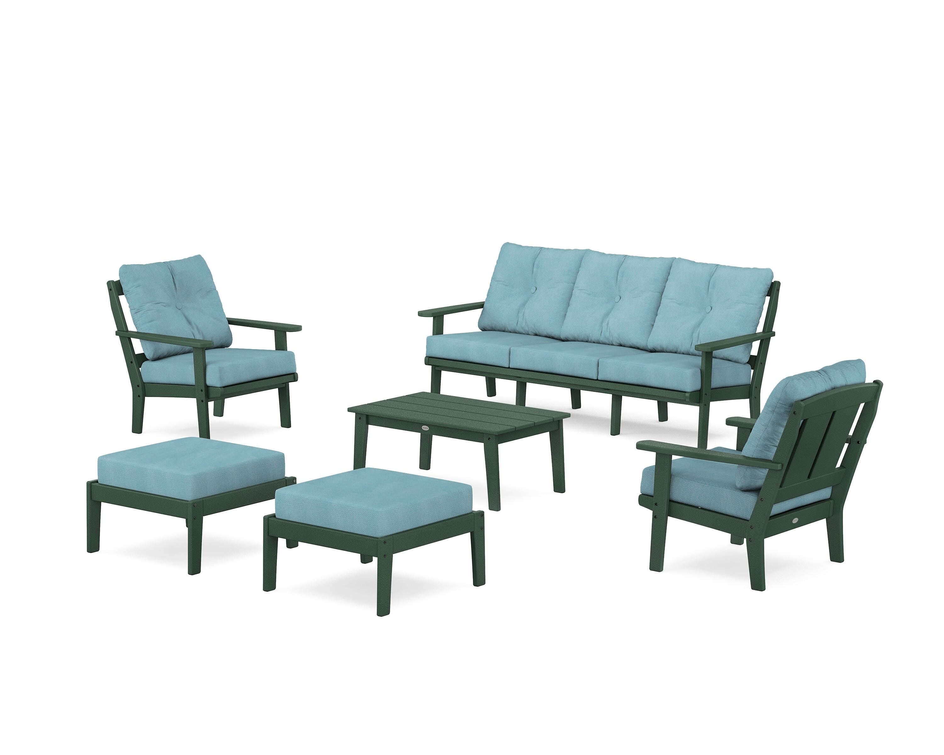 POLYWOOD Mission 6-Piece Lounge Sofa Set in Green / Lattice Sky Blue