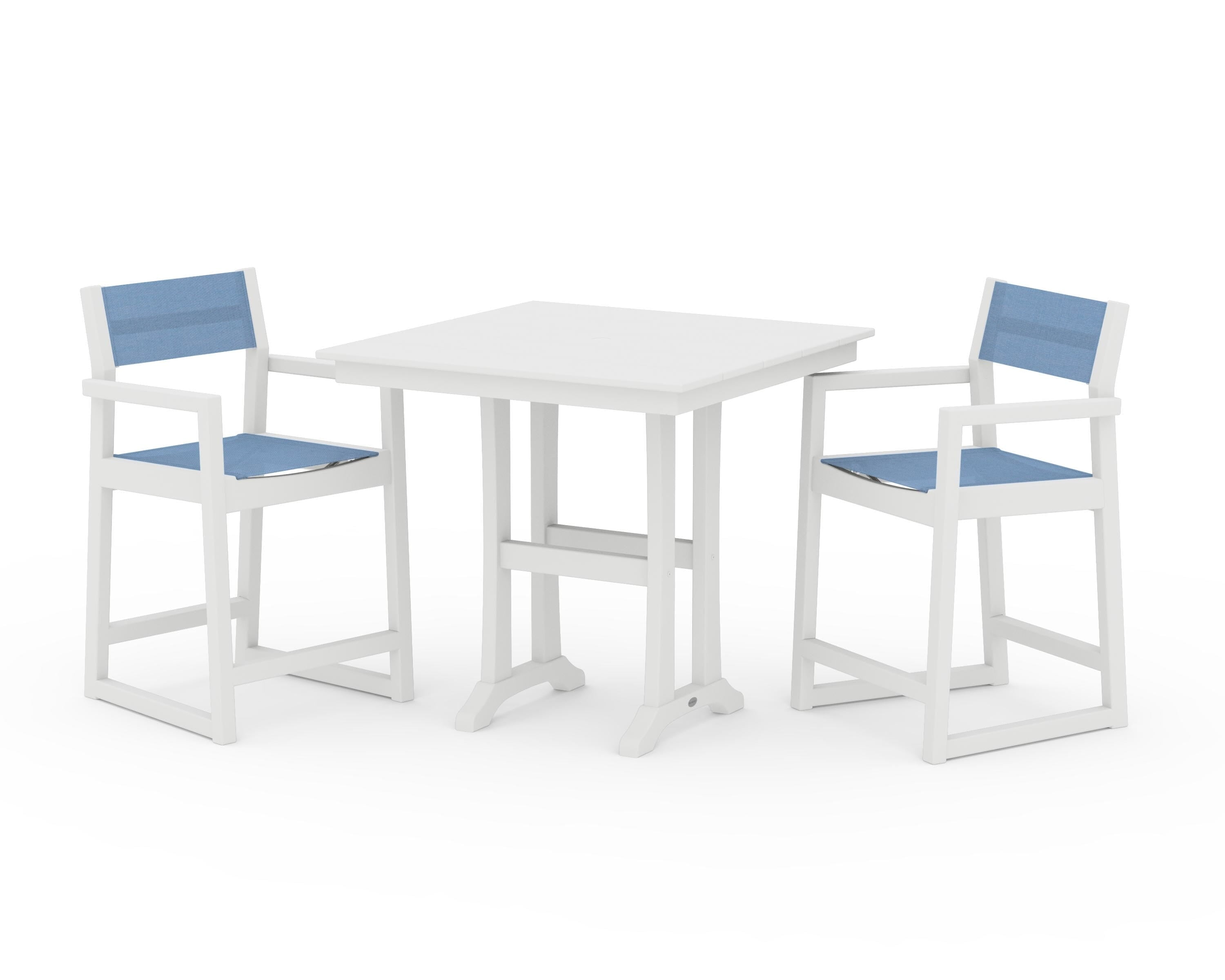 POLYWOOD EDGE Sling Arm Chair 3-Piece Farmhouse Counter Set with Trestle Legs in White / Poolside Sling