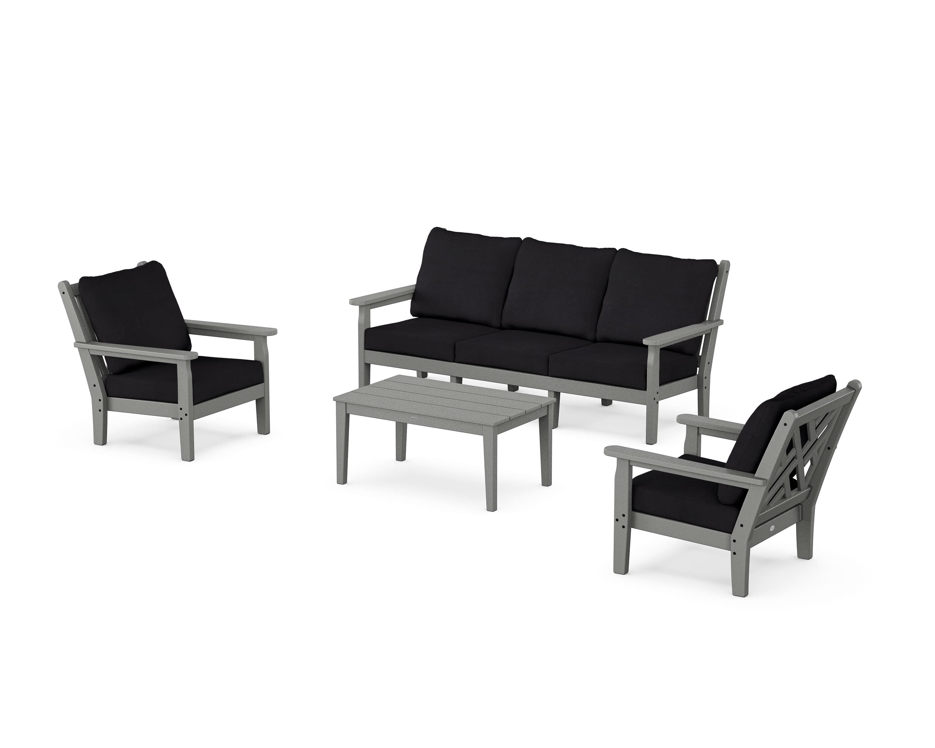 POLYWOOD Chippendale 4-Piece Deep Seating Set with Sofa in Slate Grey / Midnight Linen