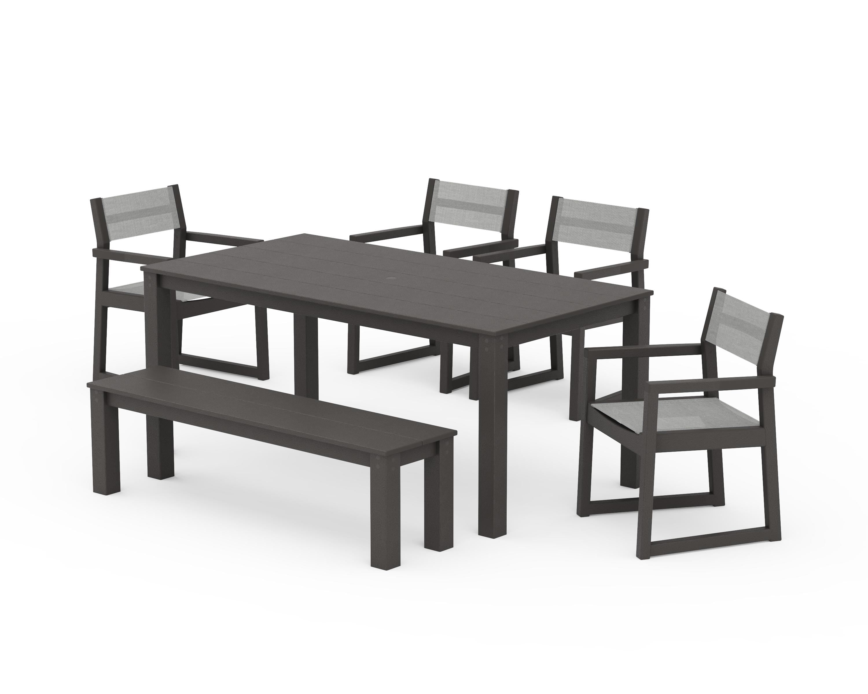 POLYWOOD EDGE Sling Arm Chair 6-Piece Parsons Dining Set with Bench in Vintage Coffee / Metallic Sling
