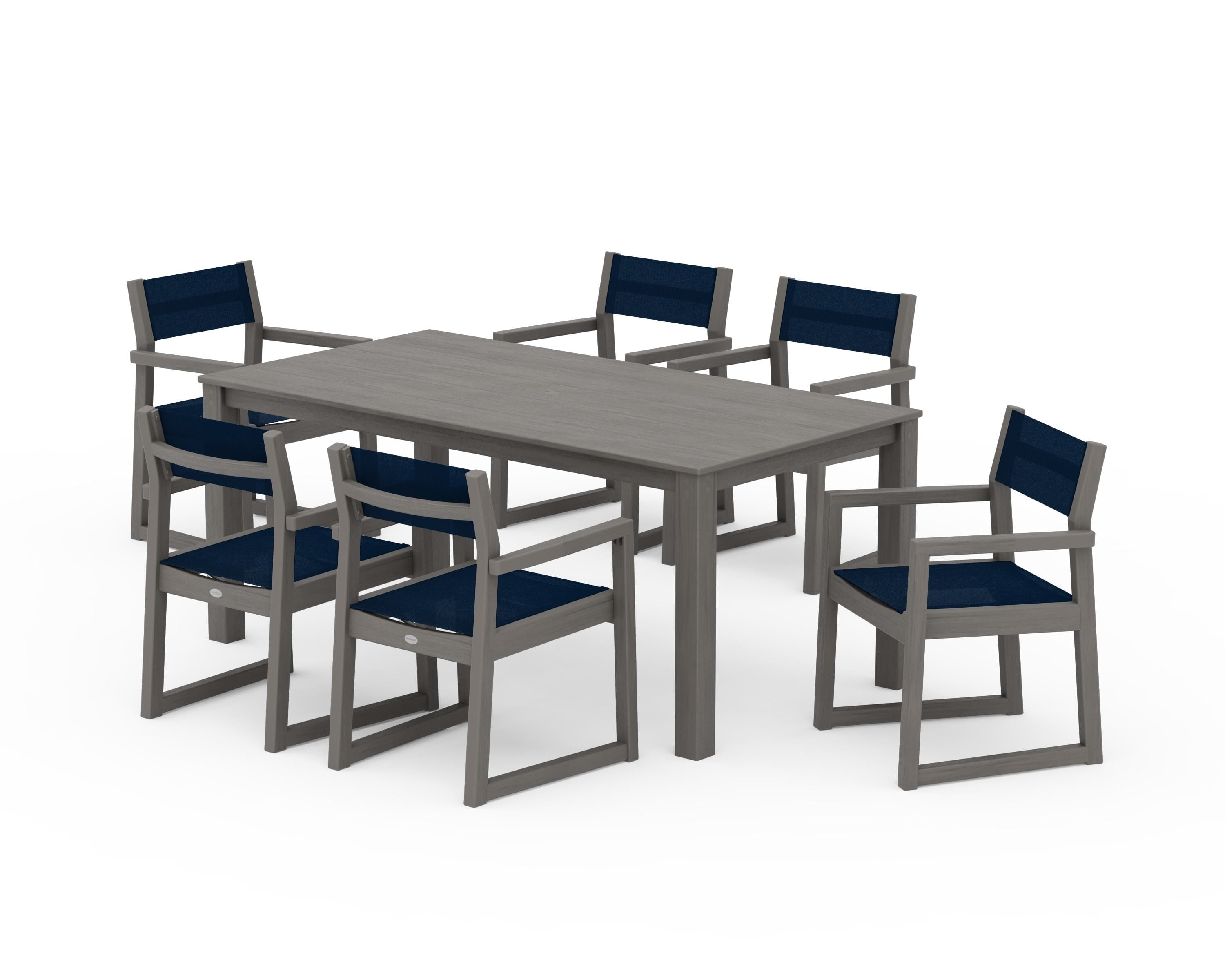 POLYWOOD EDGE Sling Arm Chair 7-Piece Parsons Dining Set in Driftwood / Navy Blue Sling