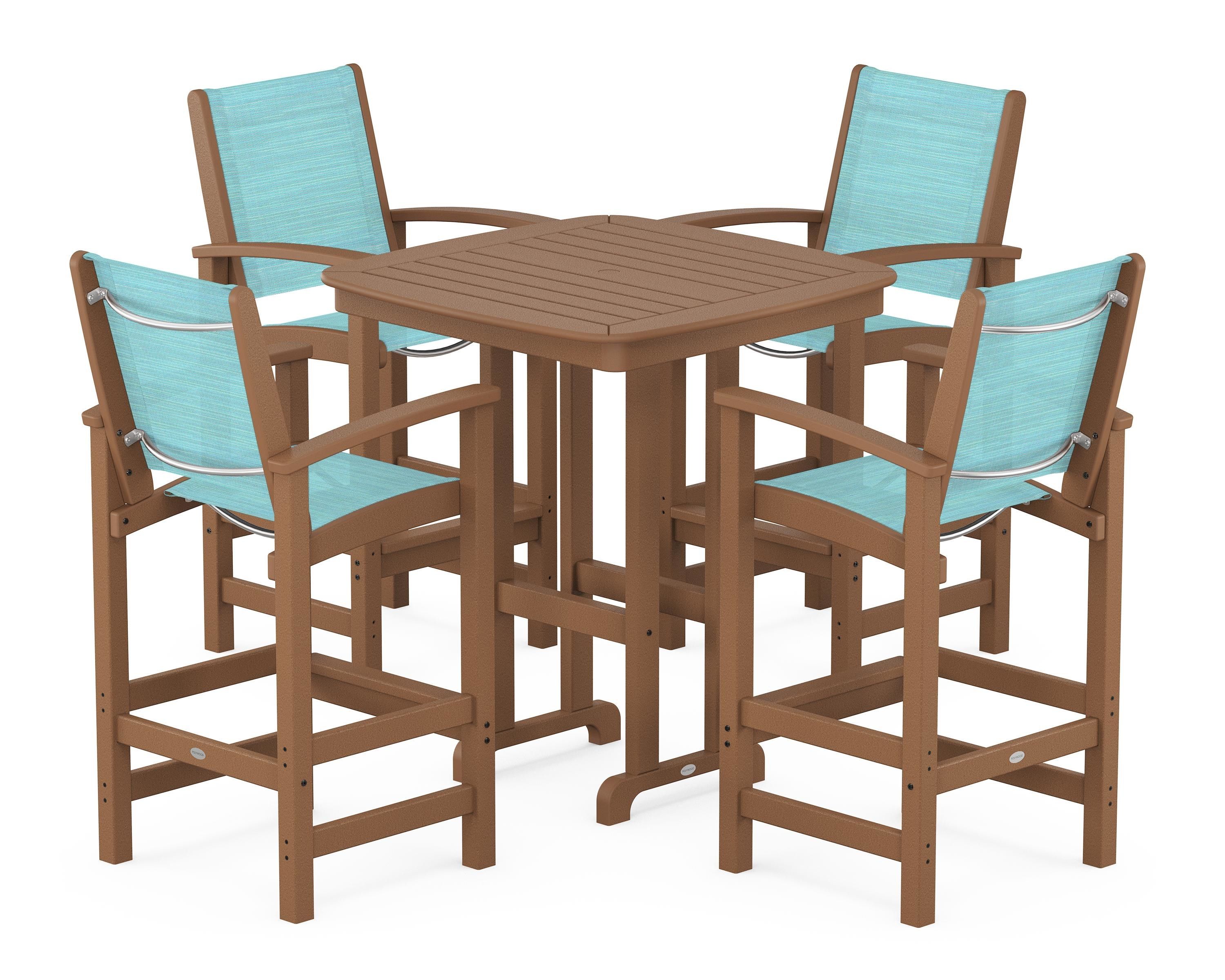 POLYWOOD Coastal 5-Piece Bar Set in Teak / Dupioni Aquamarine Sling
