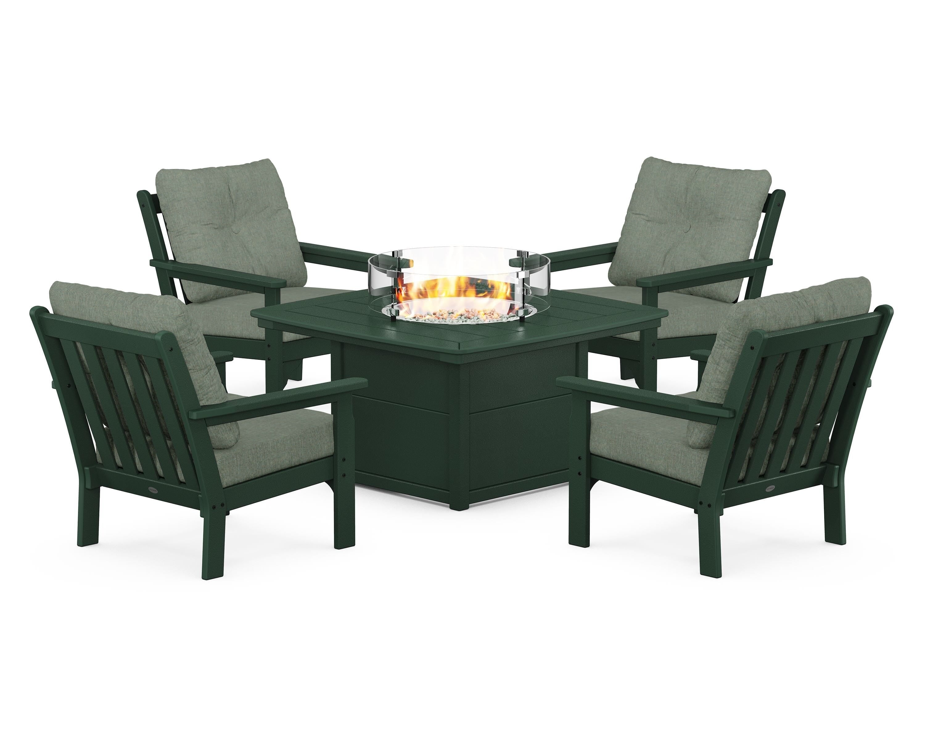 POLYWOOD Vineyard 5-Piece Conversation Set with Fire Pit Table in Green / Cast Sage