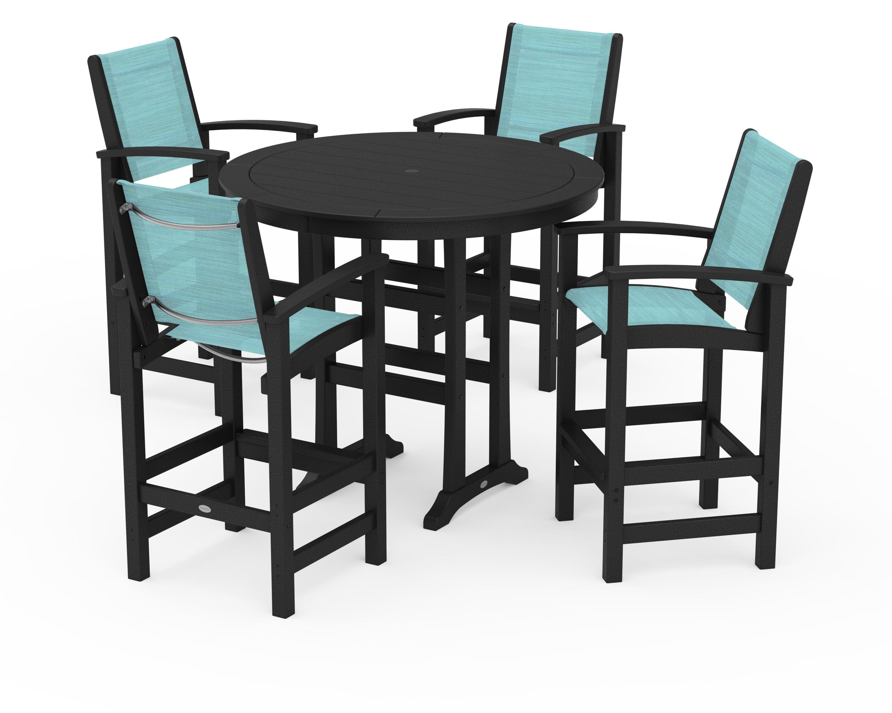 POLYWOOD Coastal 5-Piece Nautical Trestle Bar Set in Black / Dupioni Aquamarine Sling