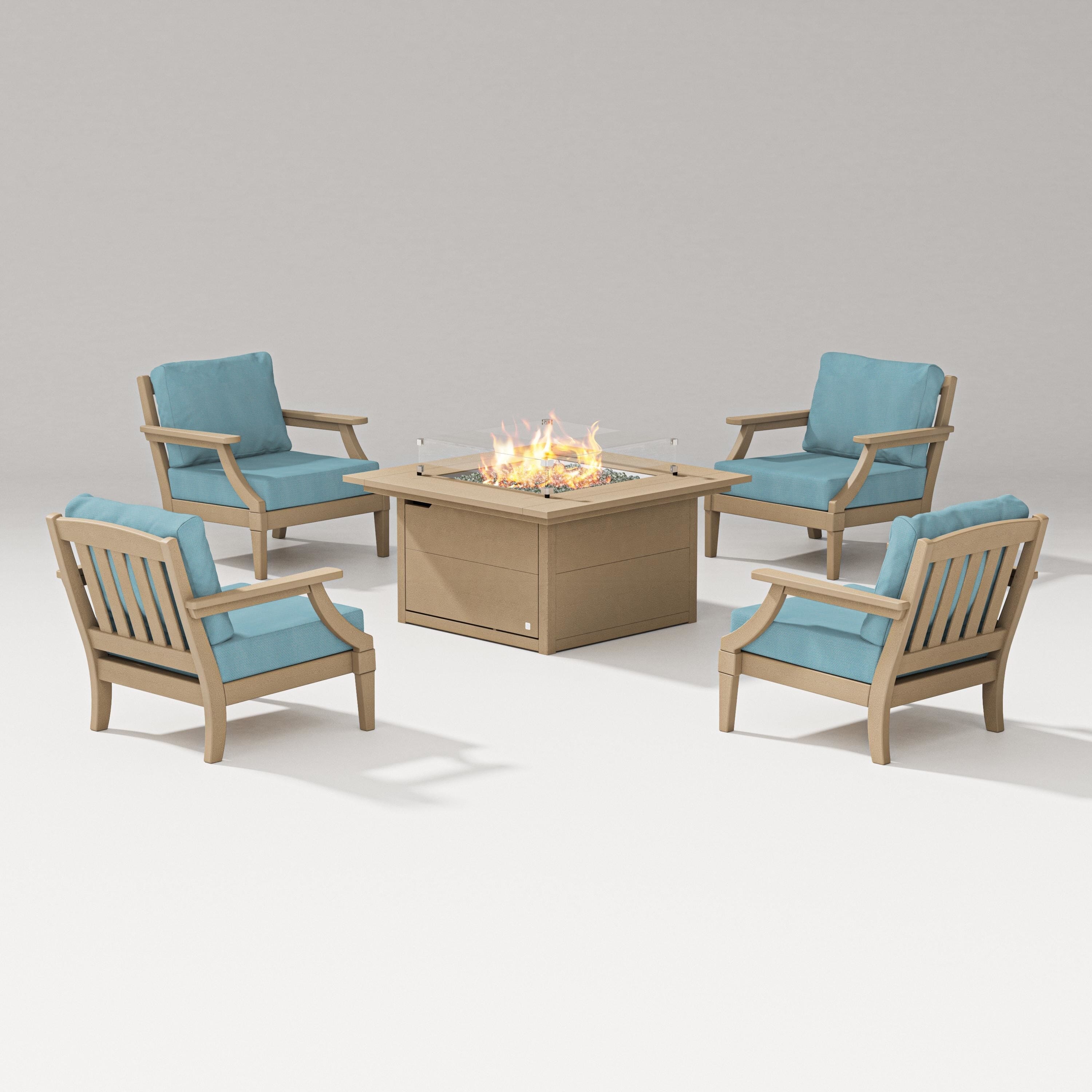 PW Designer Series Estate 5-Piece Lounge Fire Table Set in Vintage Sahara / Lattice Sky Blue