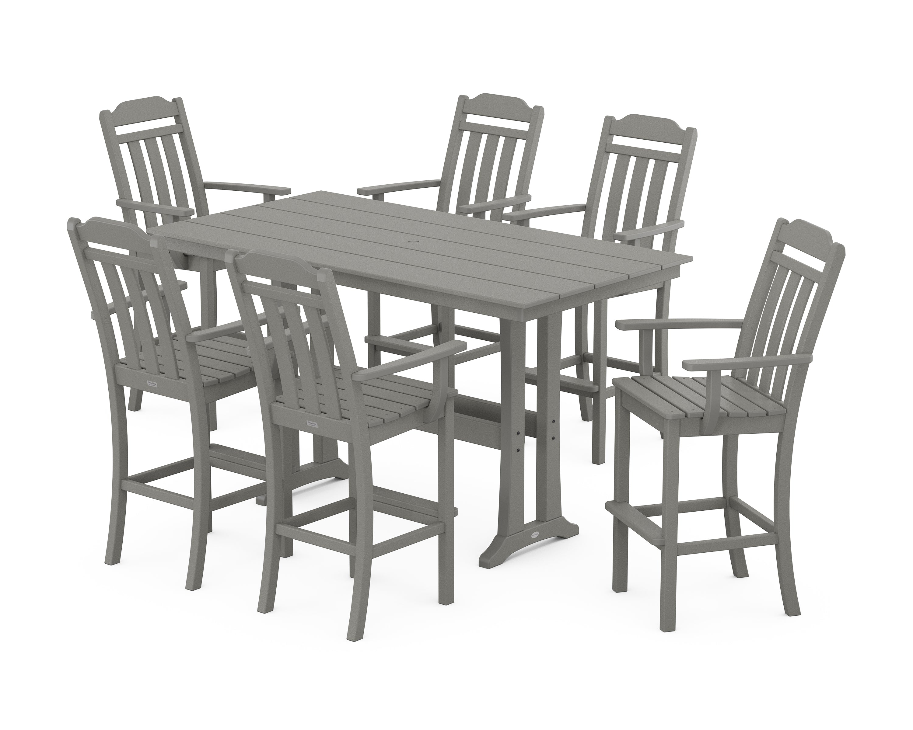 POLYWOOD Country Living Arm Chair 7-Piece Farmhouse Bar Set with Trestle Legs in Slate Grey