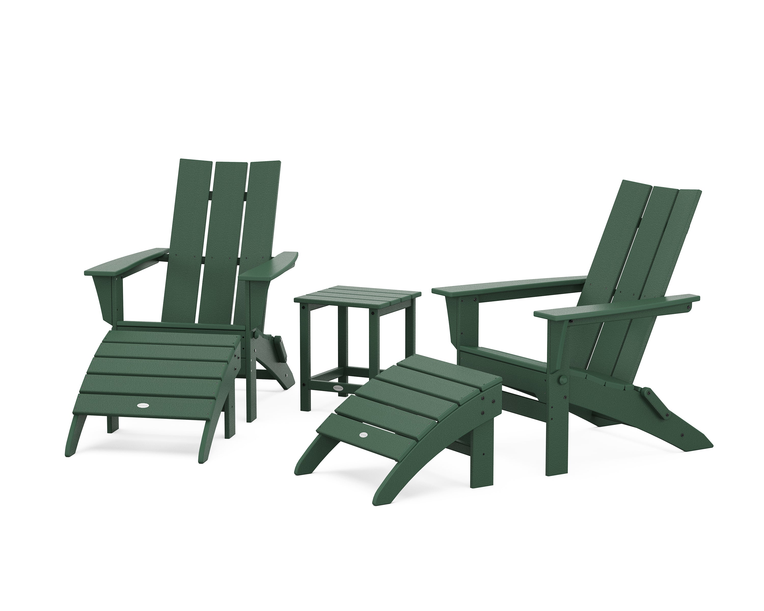 POLYWOOD Modern Folding Adirondack Chair 5-Piece Set with Ottomans and 18" Side Table in Green