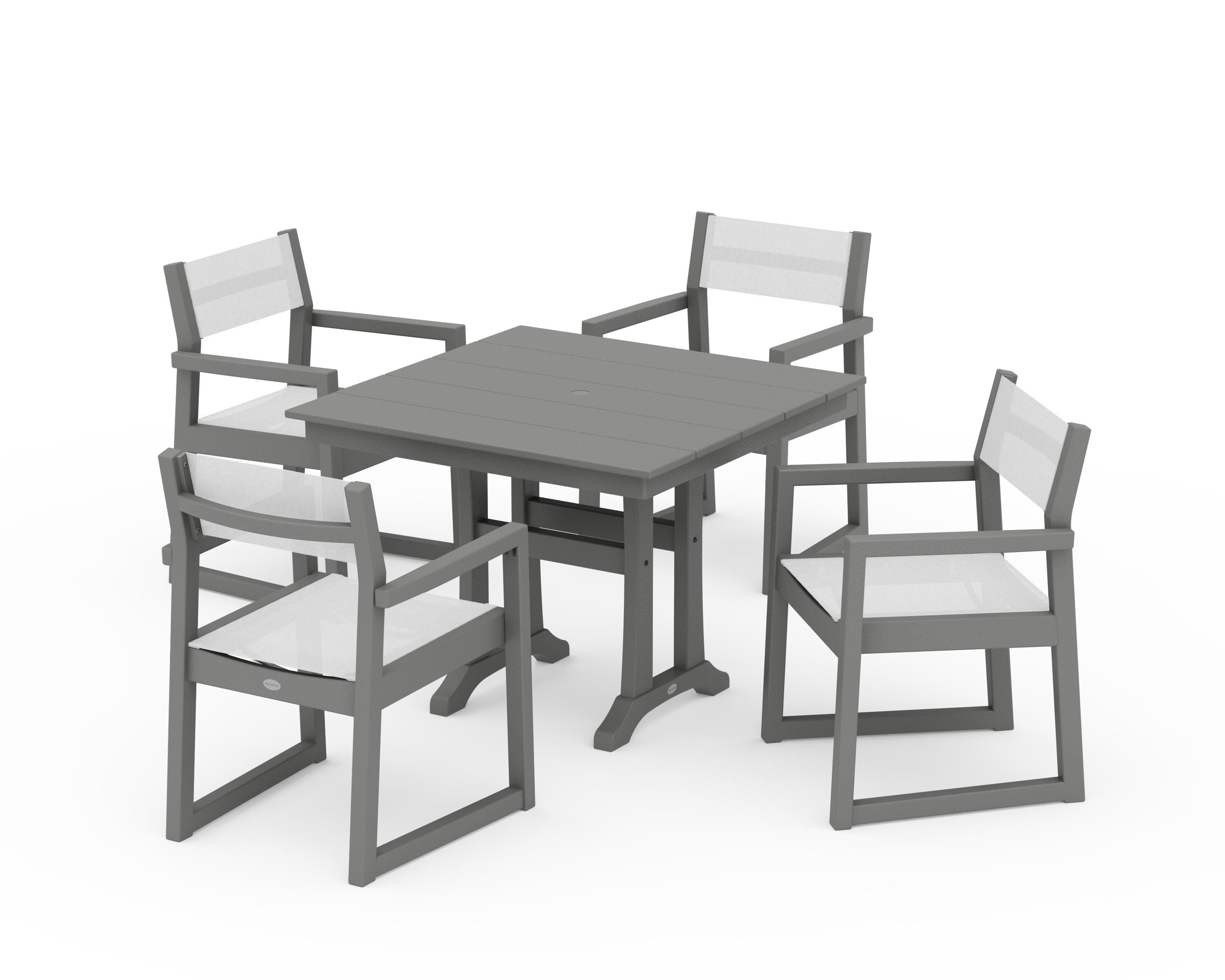 POLYWOOD EDGE Sling 5-Piece Farmhouse Dining Set with Trestle Legs in Slate Grey / White Sling