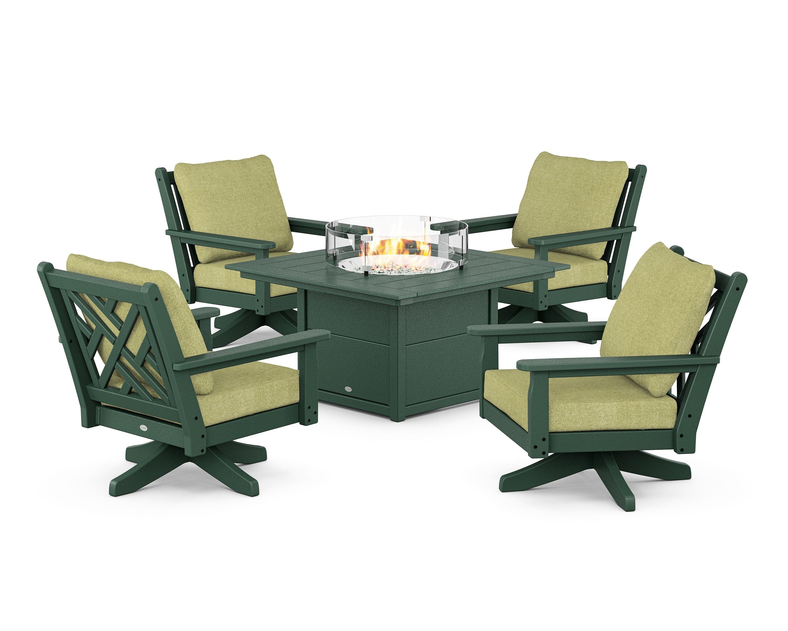 POLYWOOD Chippendale 5-Piece Deep Seating Swivel Conversation Set with Fire Pit Table in Green / Chartreuse Boucle