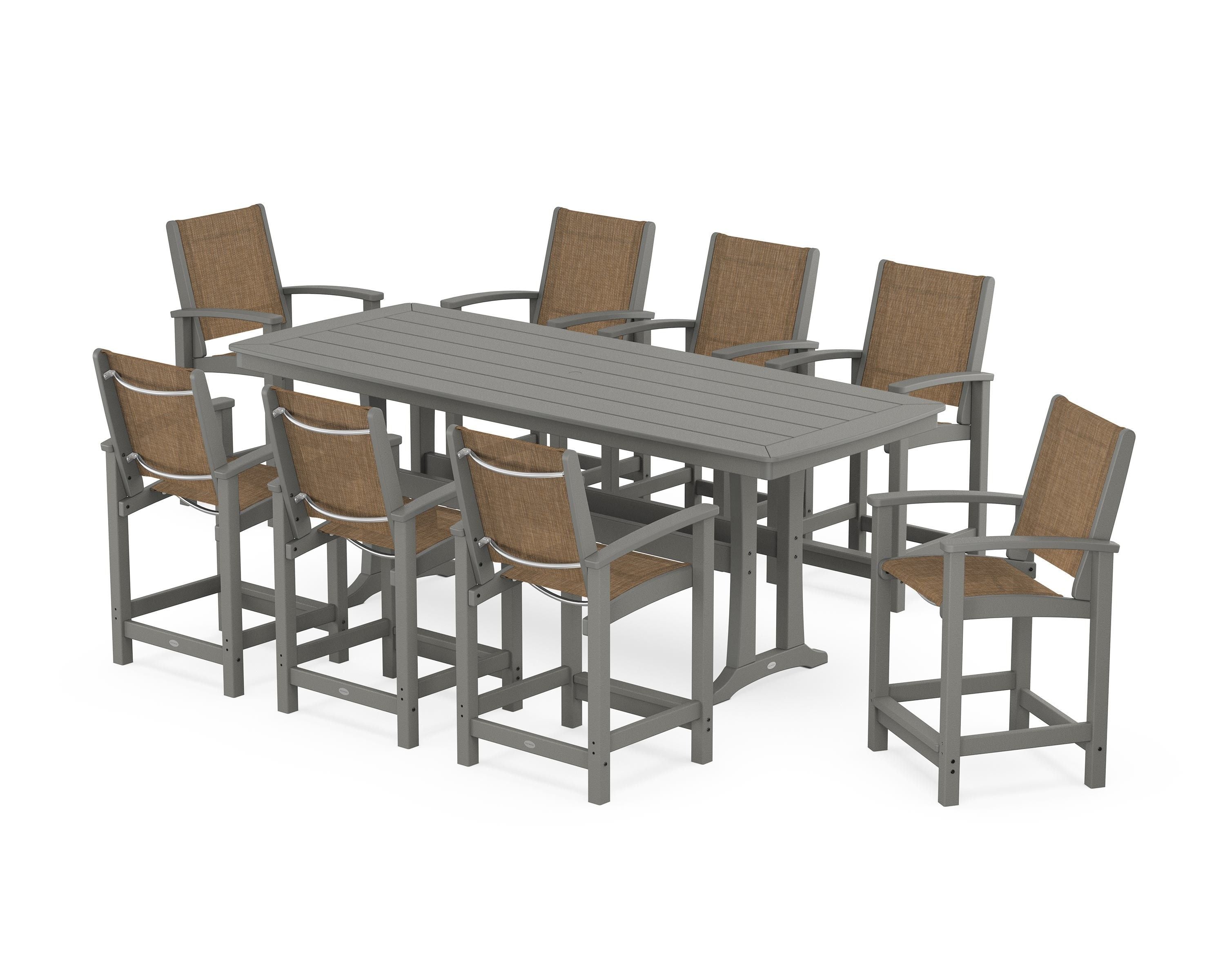 POLYWOOD Coastal 9-Piece Counter Set with Trestle Legs in Slate Grey / Burlap Sling