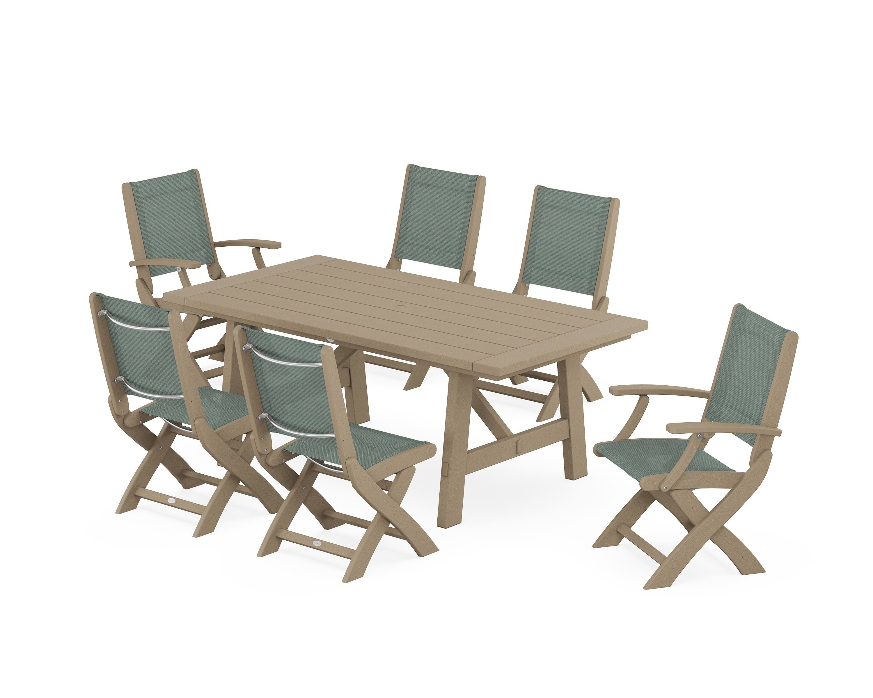 POLYWOOD Coastal Folding Chair 7-Piece Rustic Farmhouse Dining Set in Vintage Sahara / Dupioni Sea Mist Sling