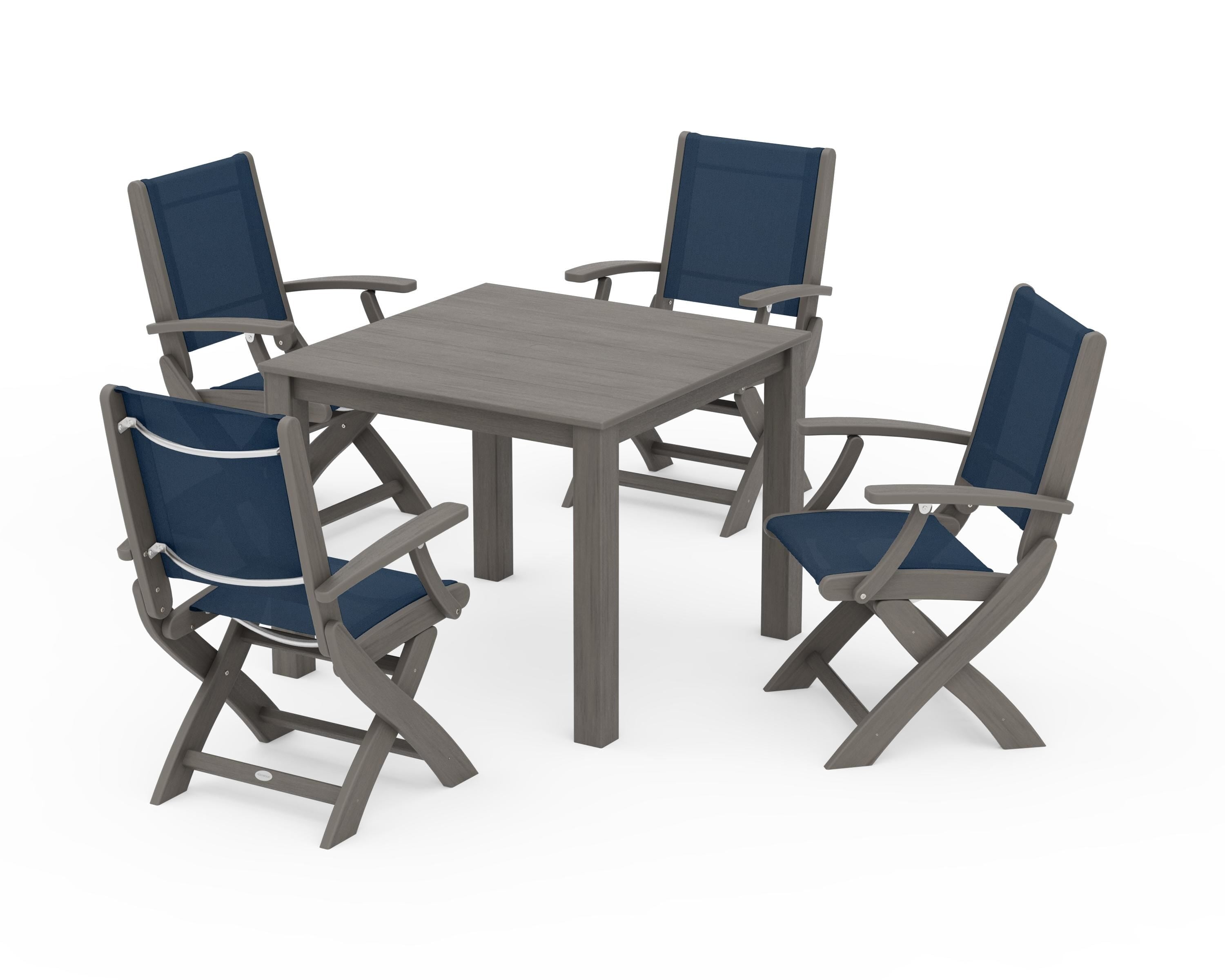 POLYWOOD Coastal Folding Chair 5-Piece Parsons Dining Set in Driftwood / Navy Blue Sling