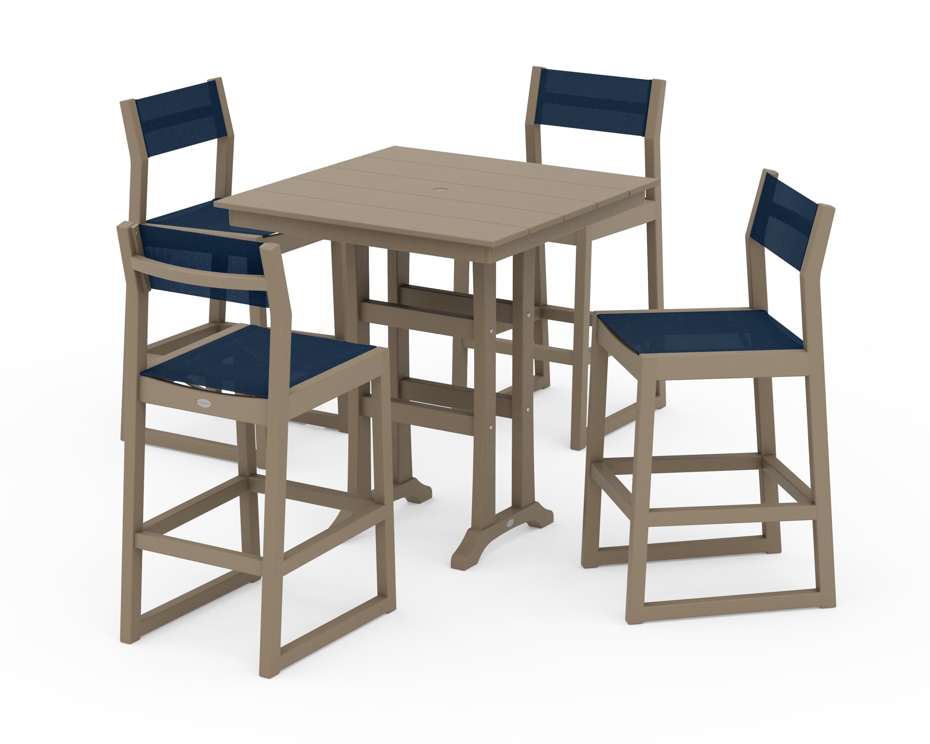 POLYWOOD EDGE Sling Arm Chair 5-Piece Farmhouse Bar Set with Trestle Legs in Vintage Sahara / Navy Blue Sling