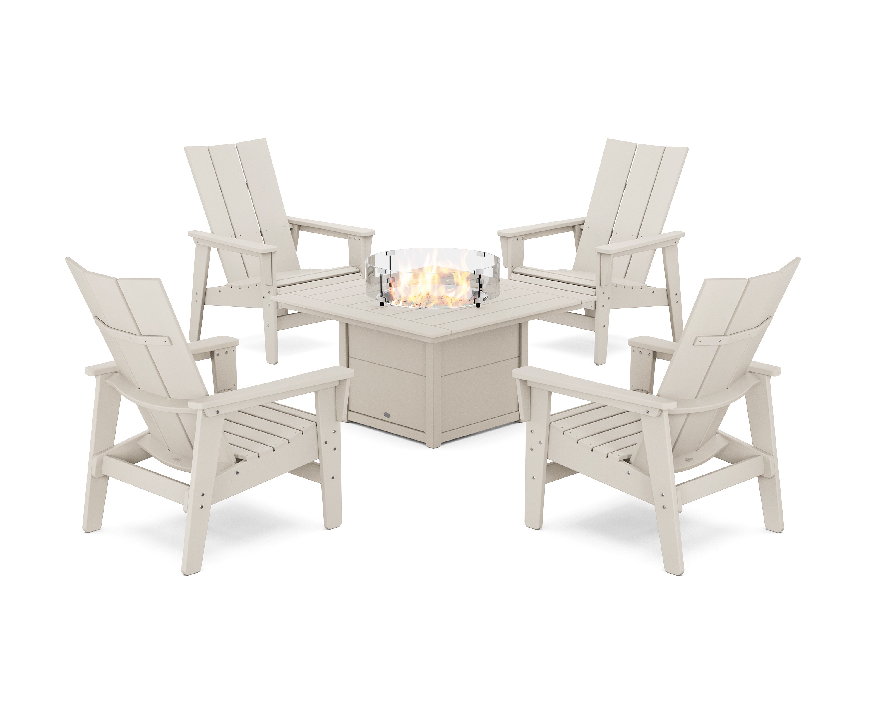 POLYWOOD 5-Piece Modern Grand Upright Adirondack Conversation Set with Fire Pit Table in Sand