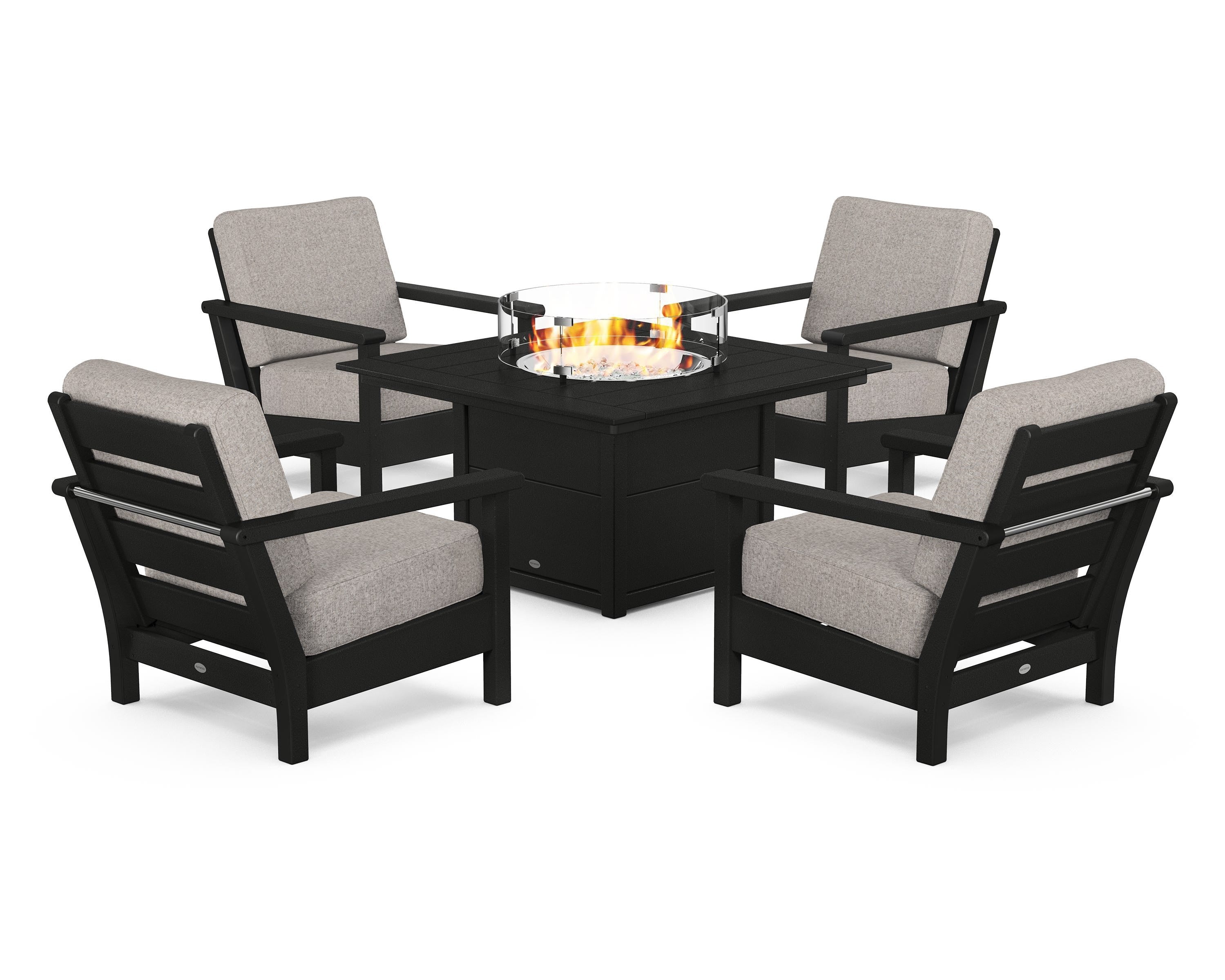 POLYWOOD Harbour 5-Piece Conversation Set with Fire Pit Table in Black / Weathered Tweed