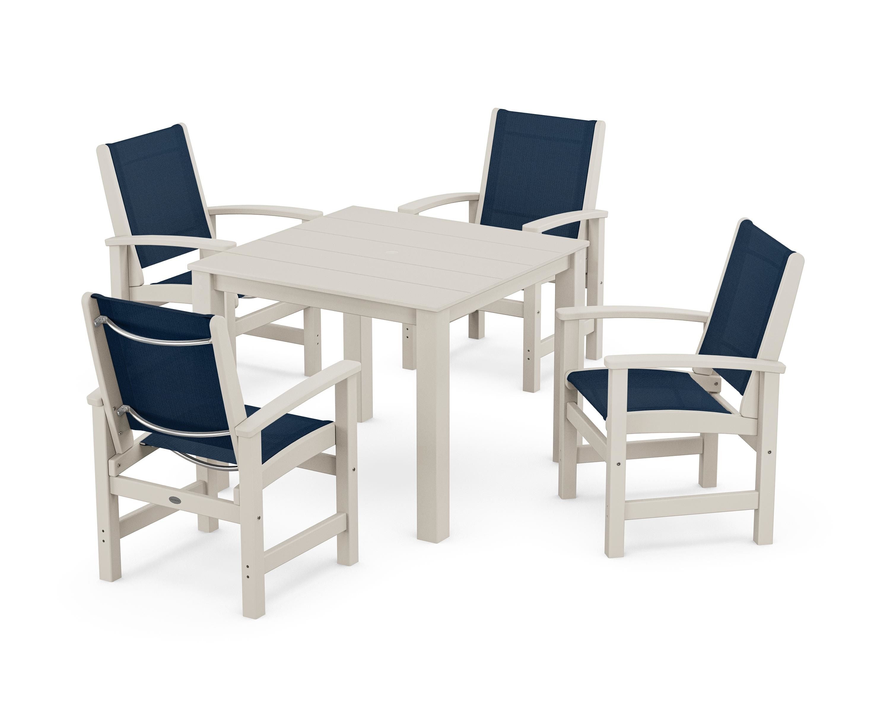 POLYWOOD Coastal 5-Piece Parsons Dining Set in Sand / Navy Blue Sling