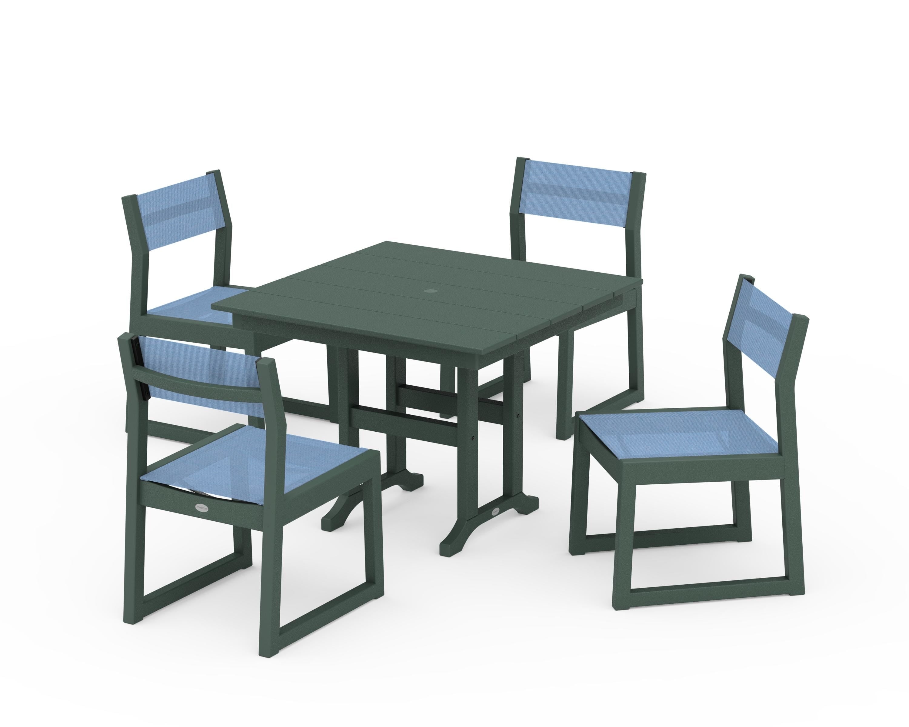 POLYWOOD EDGE Sling Side Chair 5-Piece Farmhouse Dining Set in Green / Poolside Sling
