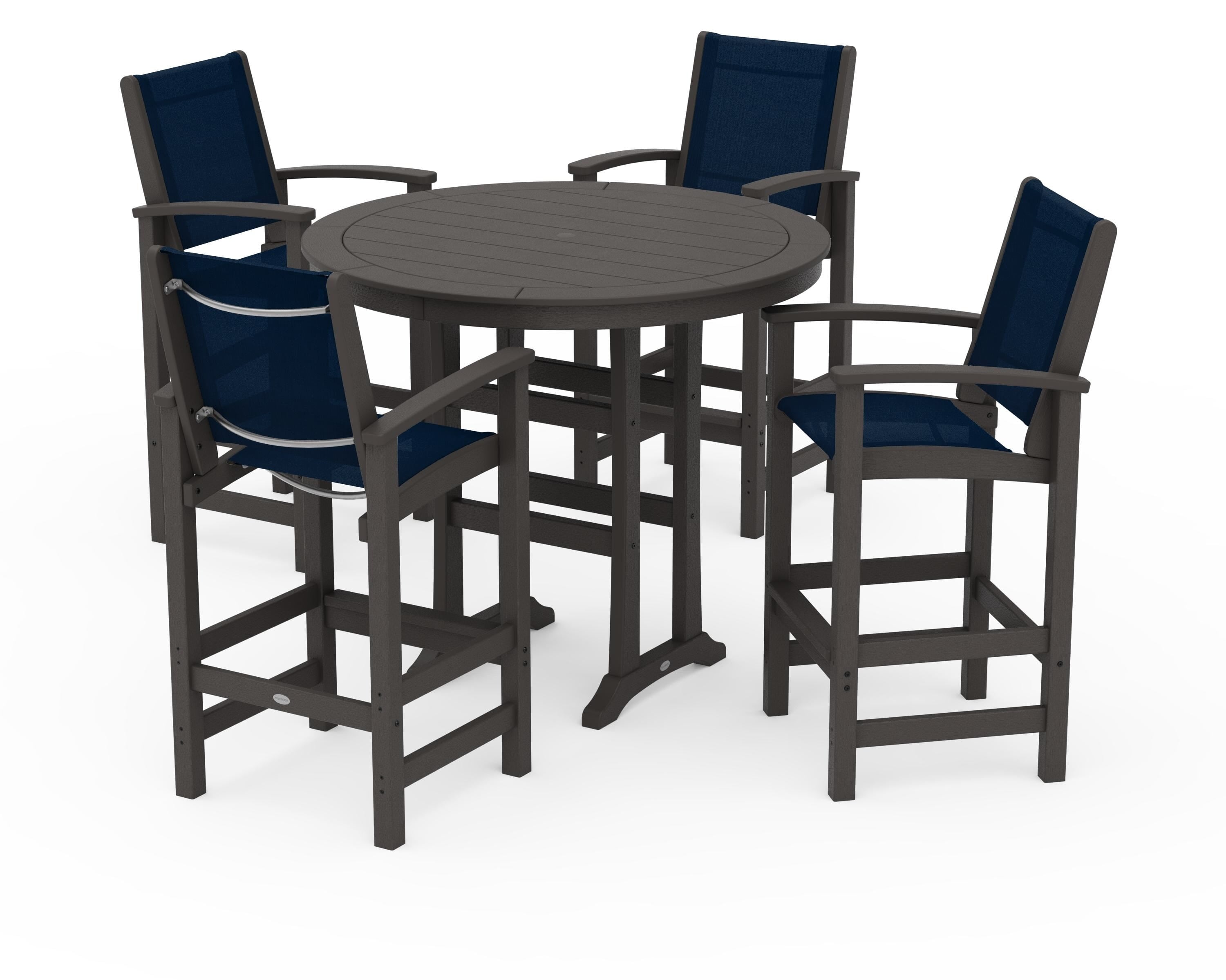 POLYWOOD Coastal 5-Piece Nautical Trestle Bar Set in Vintage Coffee / Navy Blue Sling