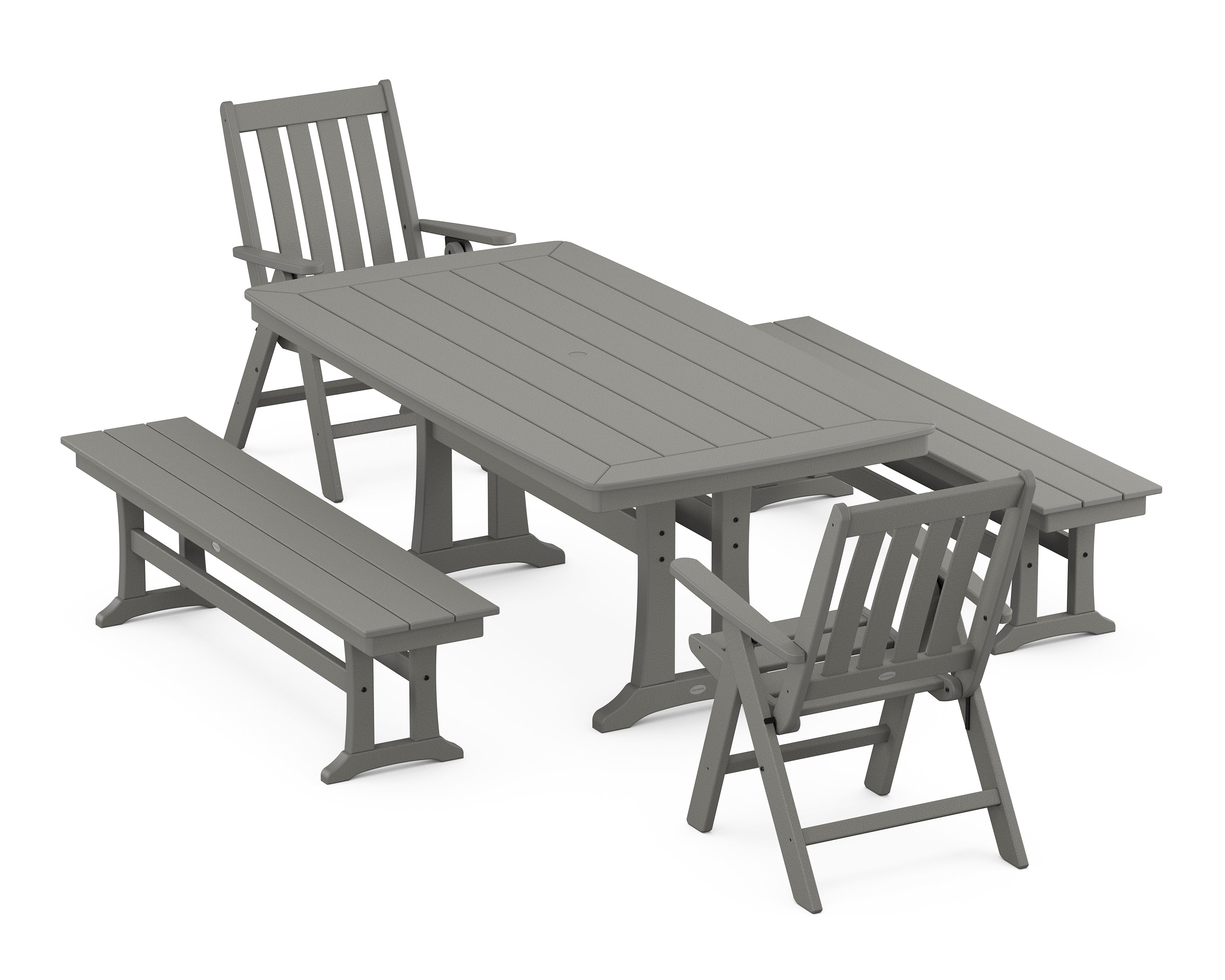 POLYWOOD Vineyard Folding Chair 5-Piece Dining Set with Trestle Legs and Benches in Slate Grey