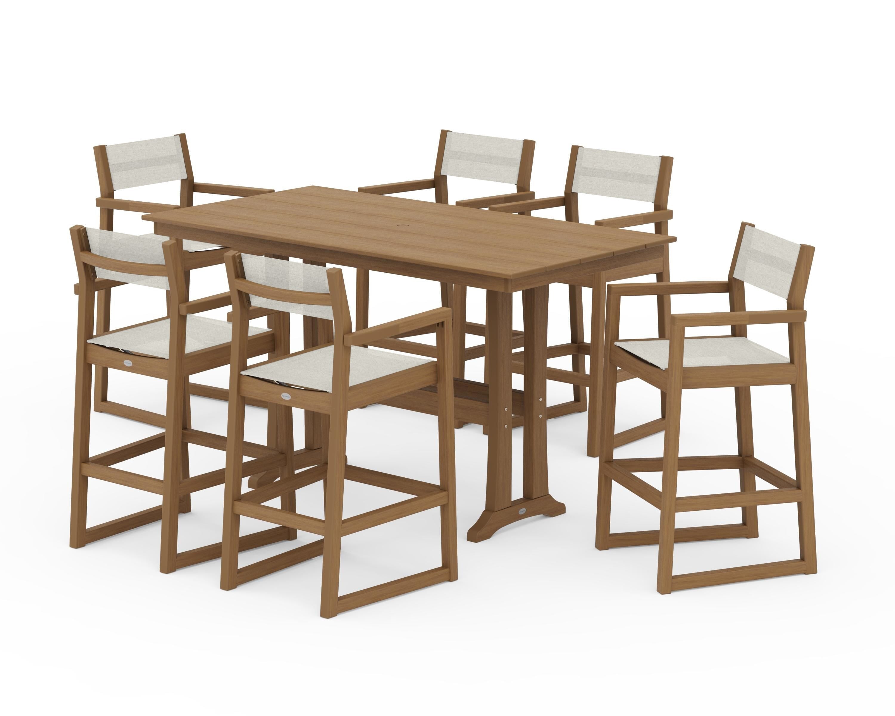 POLYWOOD EDGE Sling Arm Chair 7-Piece Farmhouse Bar Set with Trestle Legs in Natural / Parchment Sling