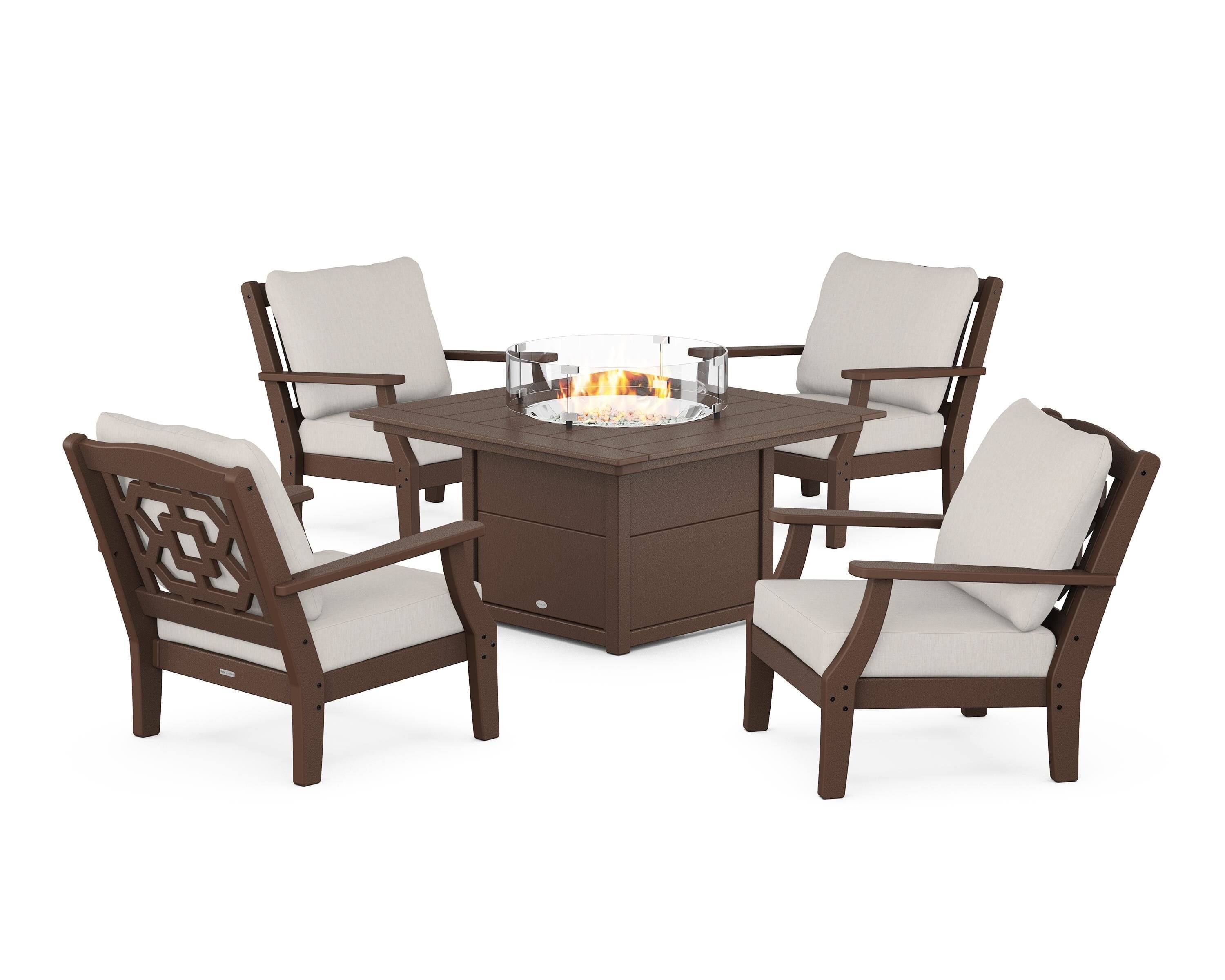Martha Stewart by POLYWOOD Chinoiserie 5-Piece Deep Seating Set with Fire Pit Table in Mahogany / Cast Ash