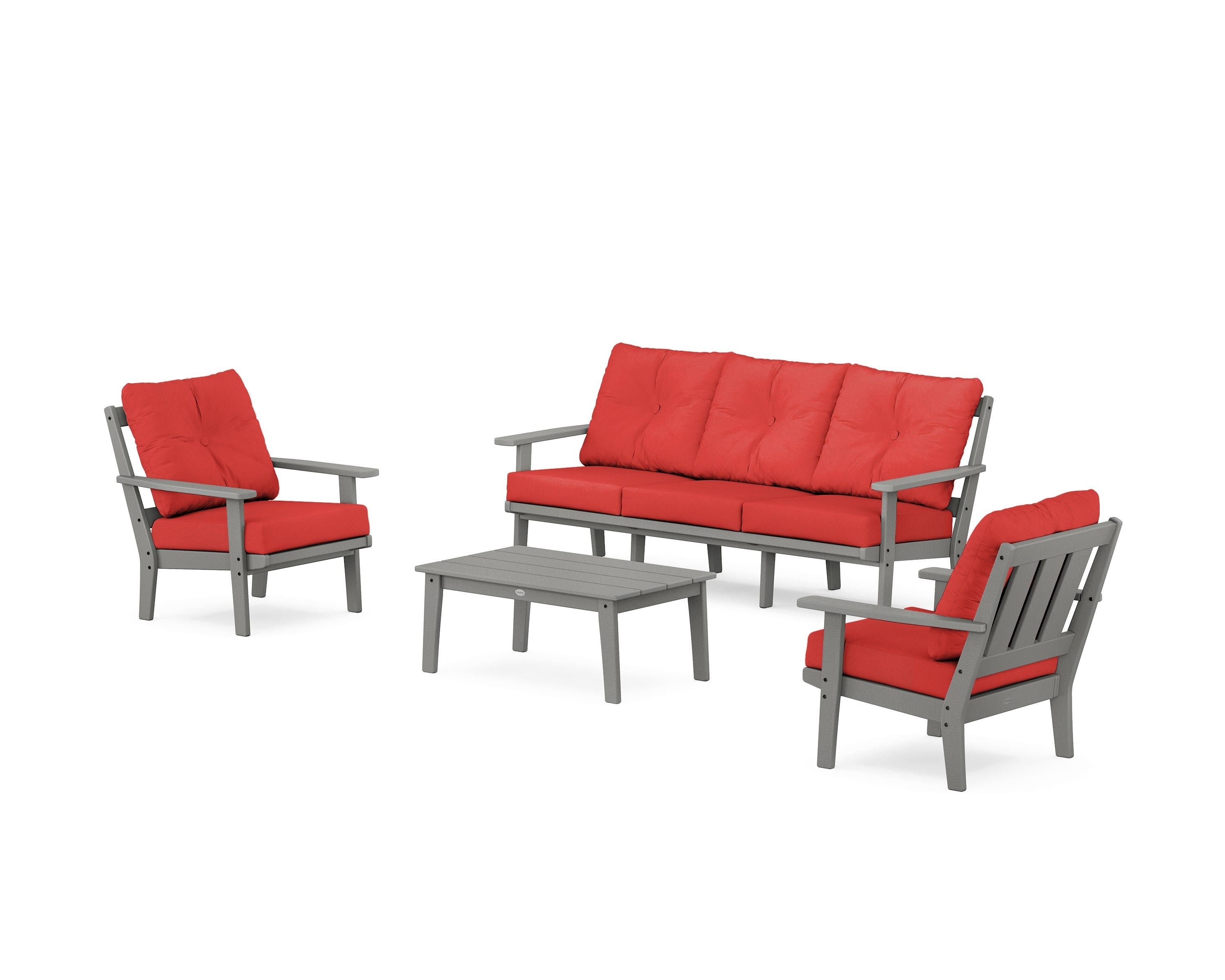 POLYWOOD Oxford 4-Piece Deep Seating Set with Sofa in Slate Grey / Crimson Linen