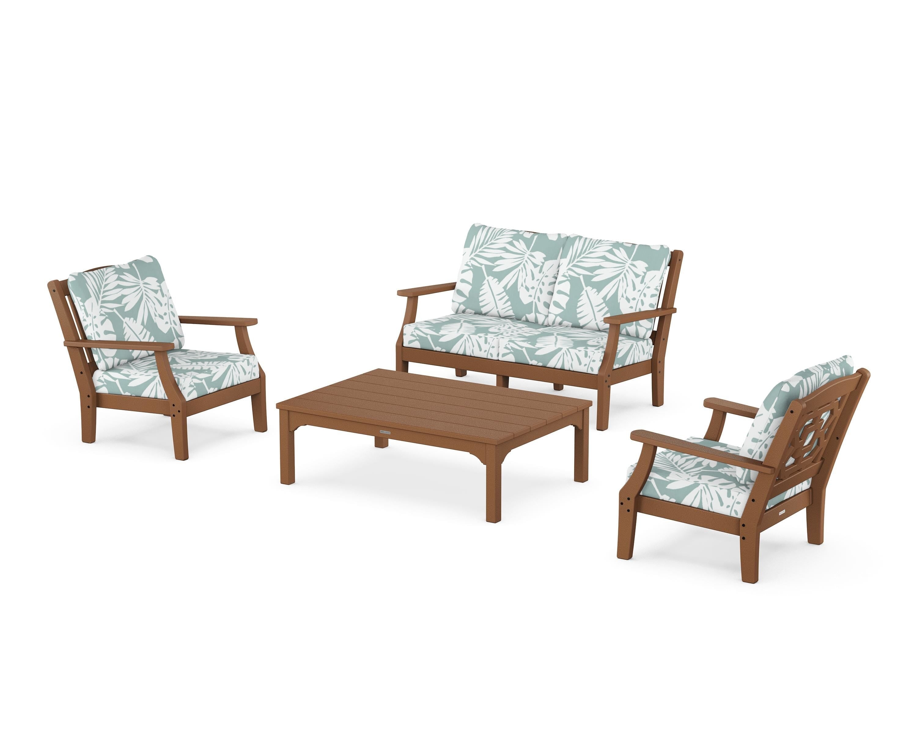 Martha Stewart by POLYWOOD Chinoiserie 4-Piece Deep Seating Set with Loveseat in Teak / Leaf Glacier Spa