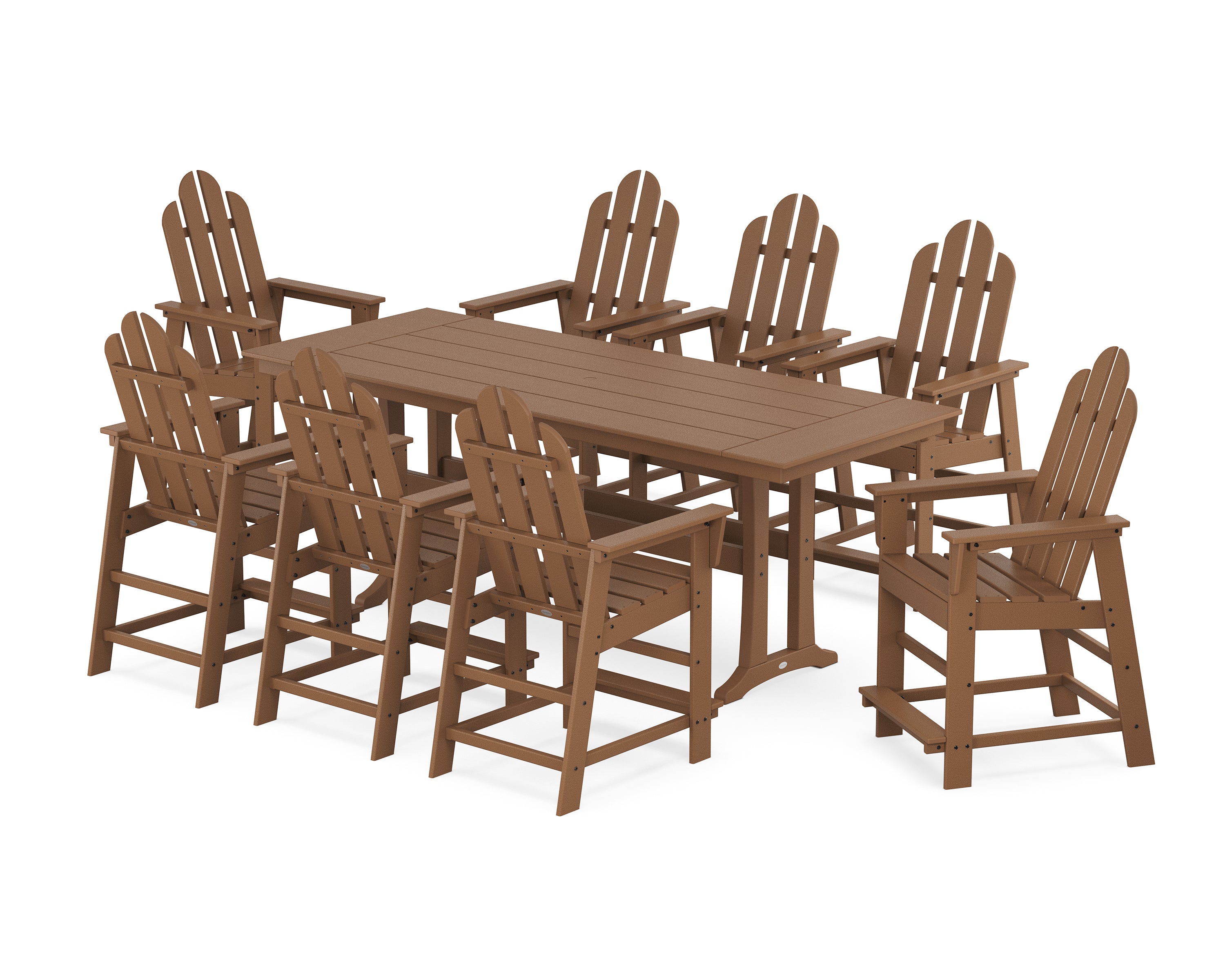 POLYWOOD Long Island 9-Piece Farmhouse Counter Set with Trestle Legs in Teak