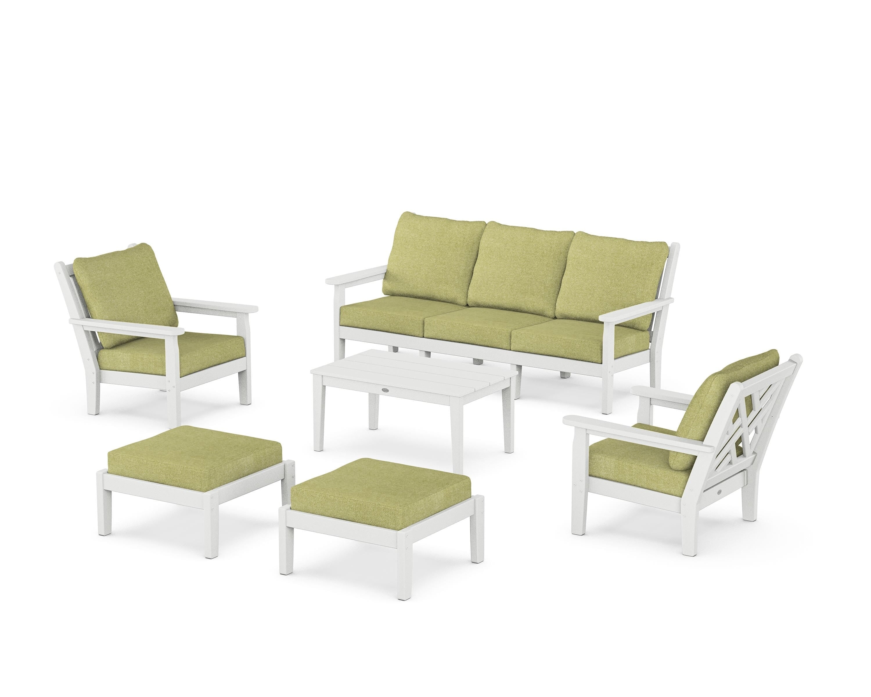POLYWOOD Chippendale 6-Piece Lounge Sofa Set in White / Chartreuse Boucle