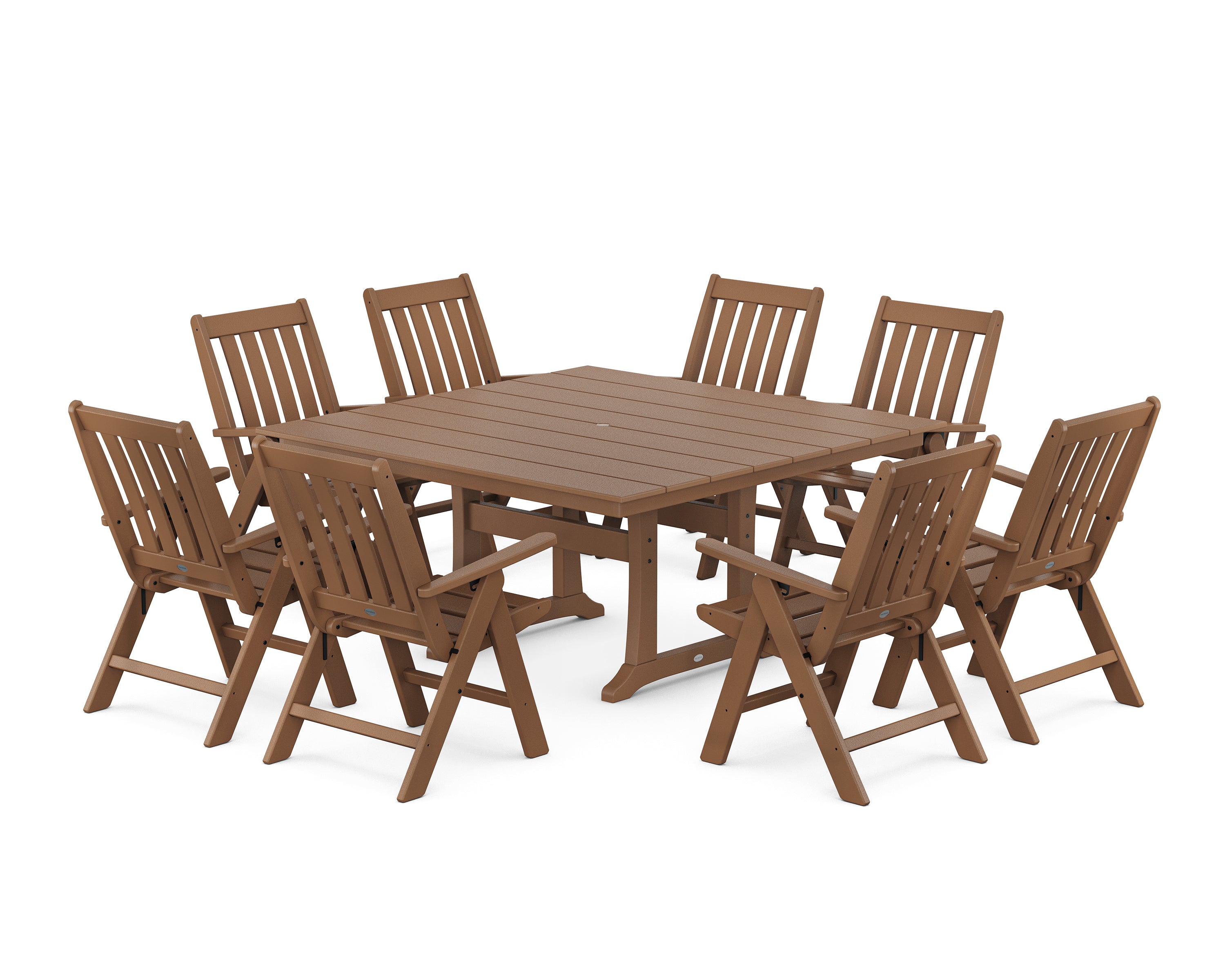 POLYWOOD Vineyard Folding Chair 9-Piece Square Farmhouse Dining Set with Trestle Legs in Teak