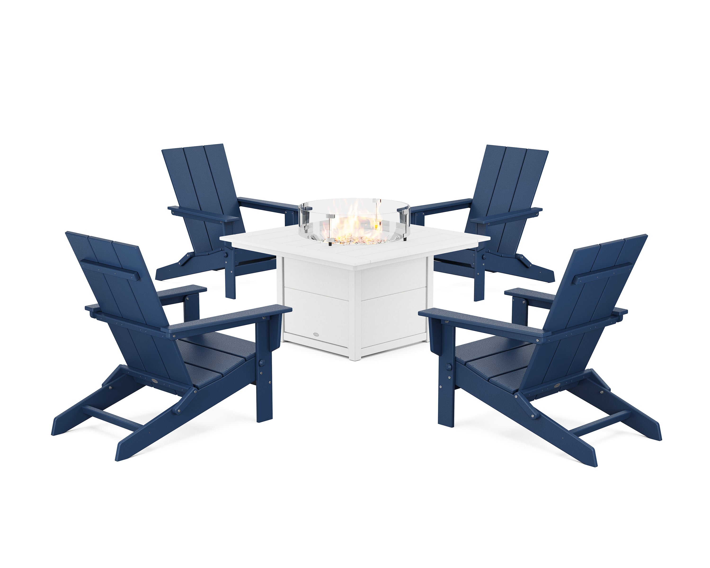 POLYWOOD 5-Piece Modern Studio Folding Adirondack Conversation Set with Fire Pit Table in Navy / White