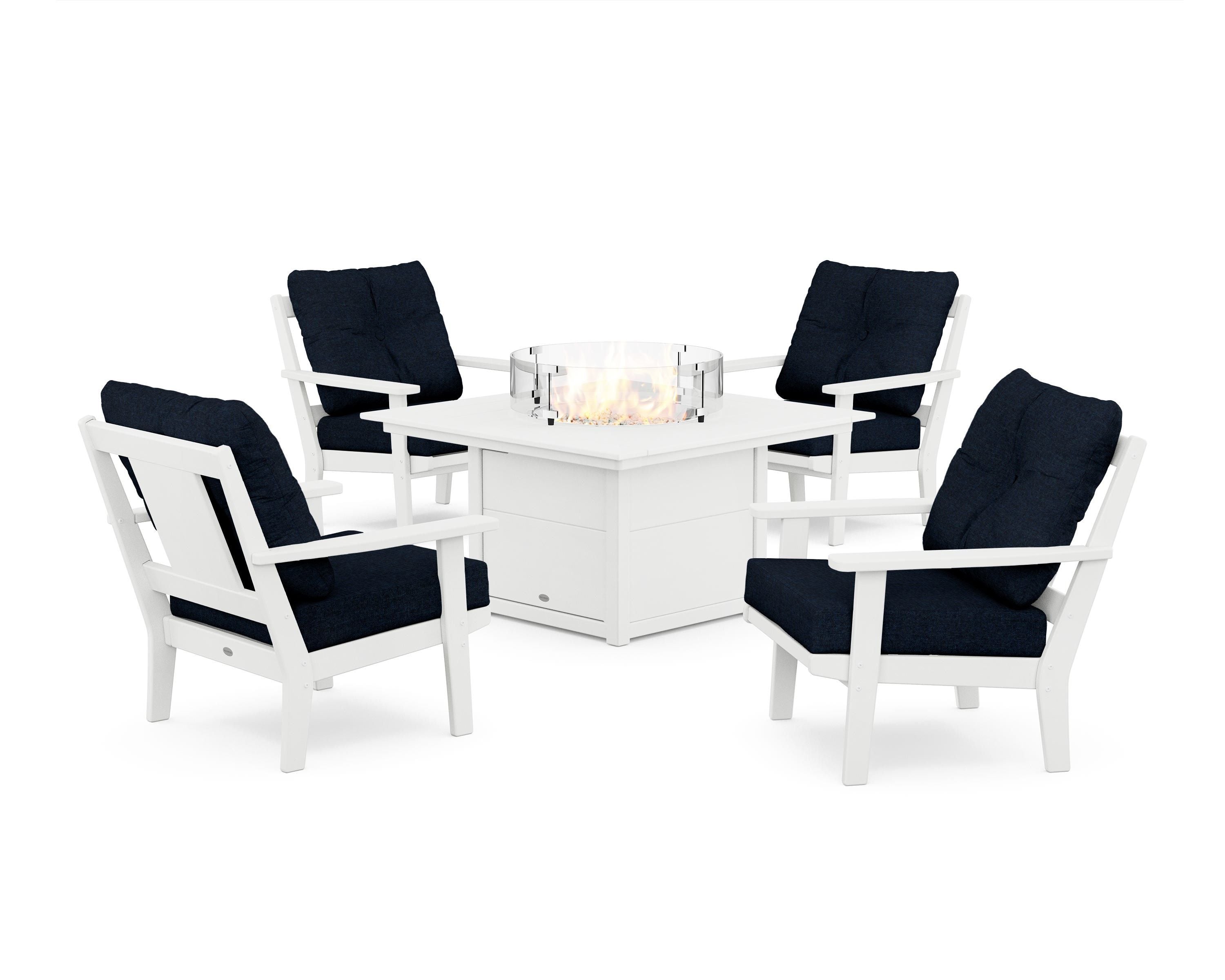 POLYWOOD Prairie 5-Piece Deep Seating Set with Fire Pit Table in White / Marine Indigo