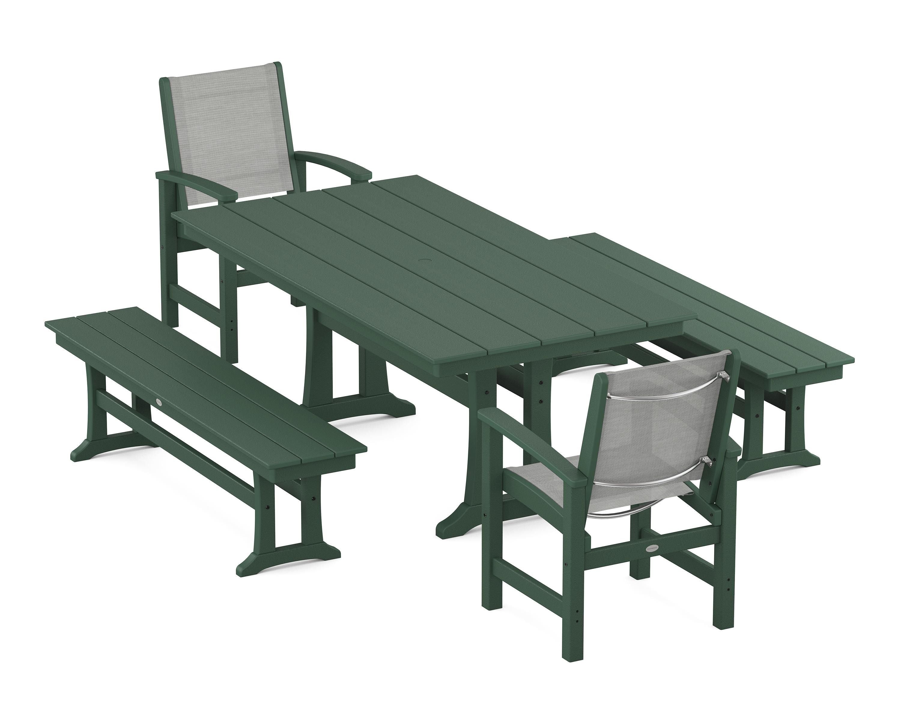 POLYWOOD Coastal 5-Piece Farmhouse Dining Set with Trestle Legs and Benches in Green / Metallic Sling