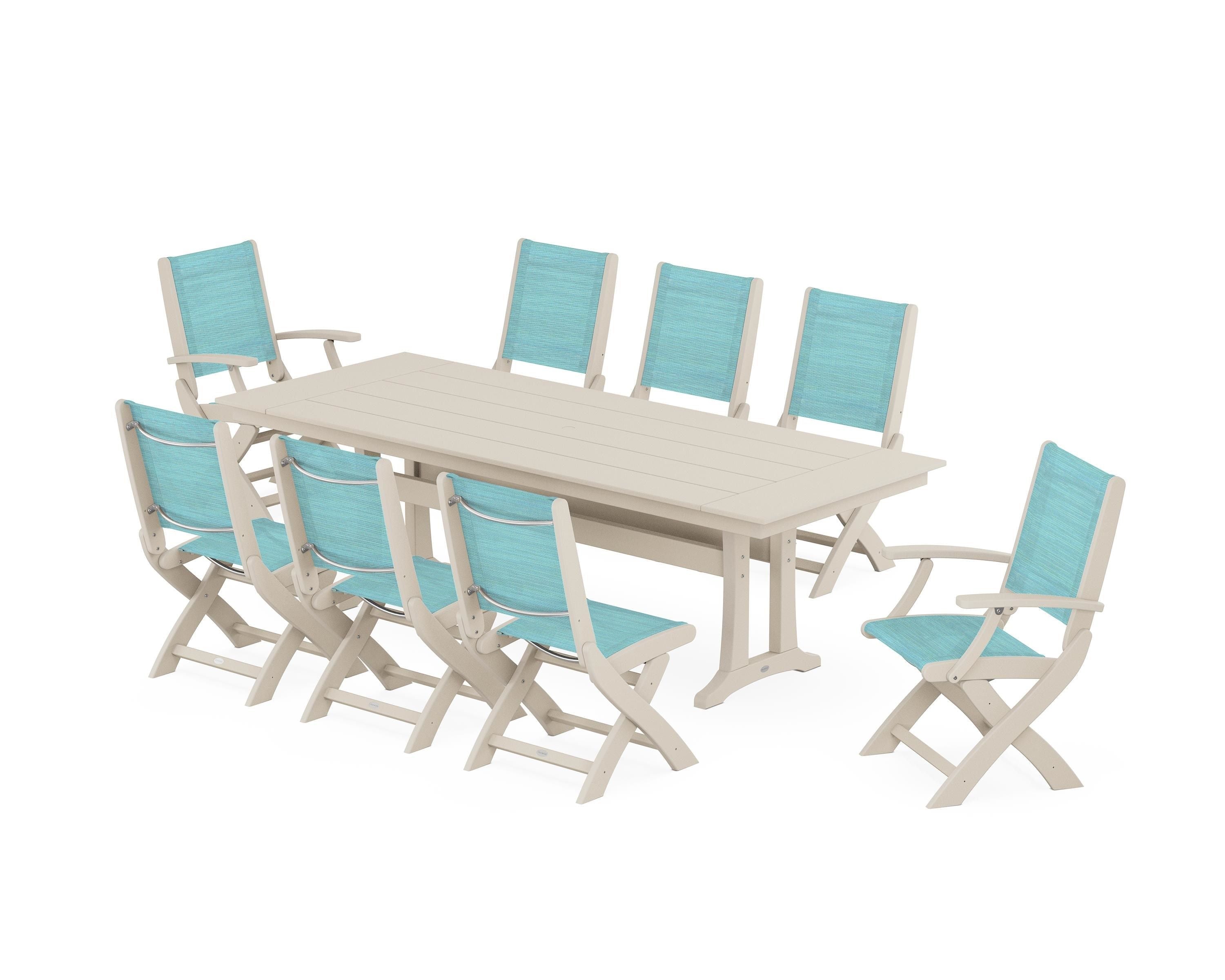 POLYWOOD Coastal 9-Piece Folding Dining Chair Farmhouse Dining Set with Trestle Legs in Sand / Dupioni Aquamarine Sling