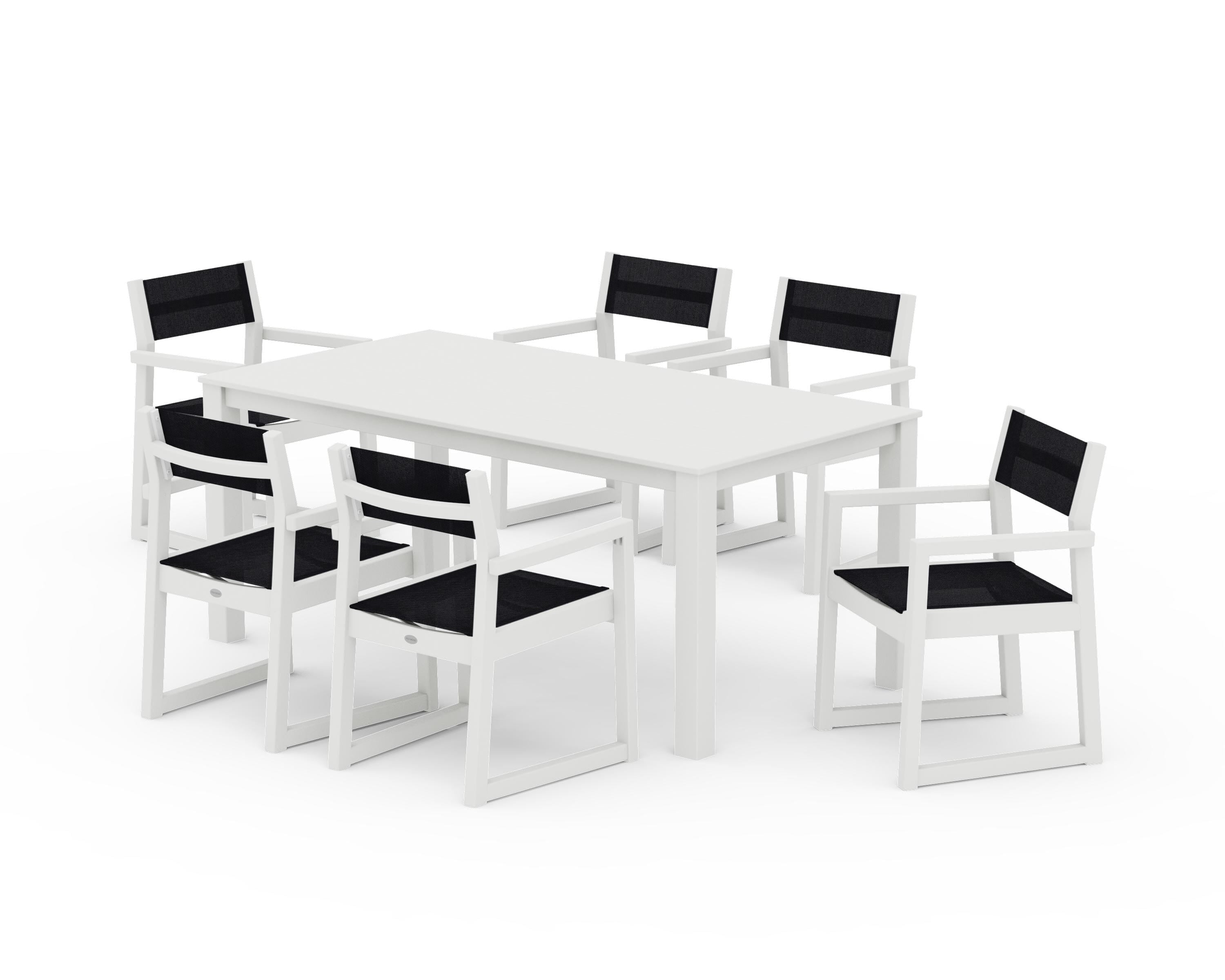 POLYWOOD EDGE Sling Arm Chair 7-Piece Parsons Dining Set in Vintage White / Black Sling