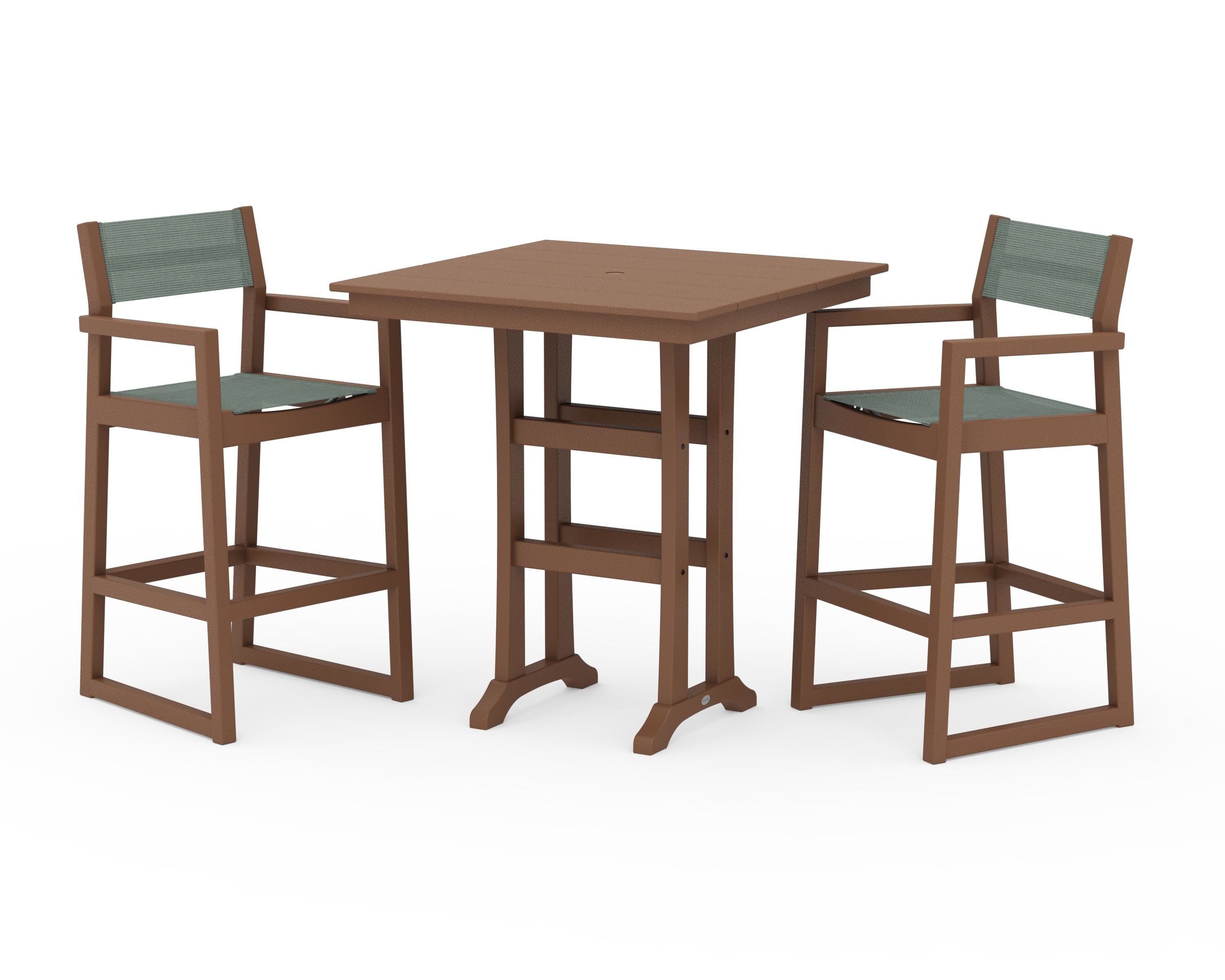 POLYWOOD EDGE Sling Arm Chair 3-Piece Farmhouse Bar Set with Trestle Legs in Teak / Dupioni Sea Mist Sling