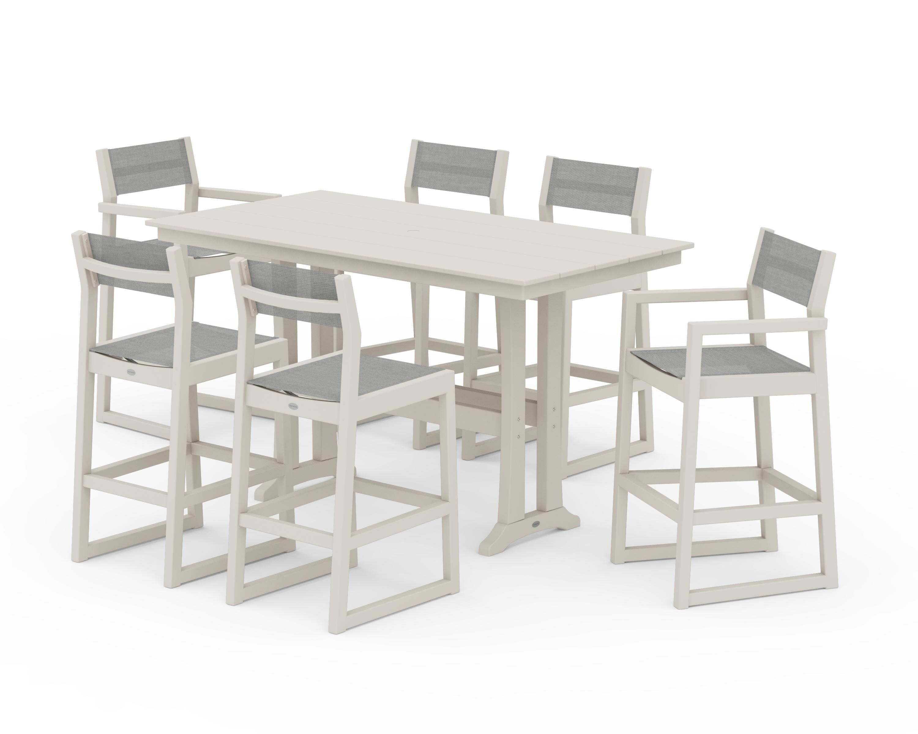 POLYWOOD EDGE Sling 7-Piece Farmhouse Bar Set with Trestle Legs in Sand / Metallic Sling
