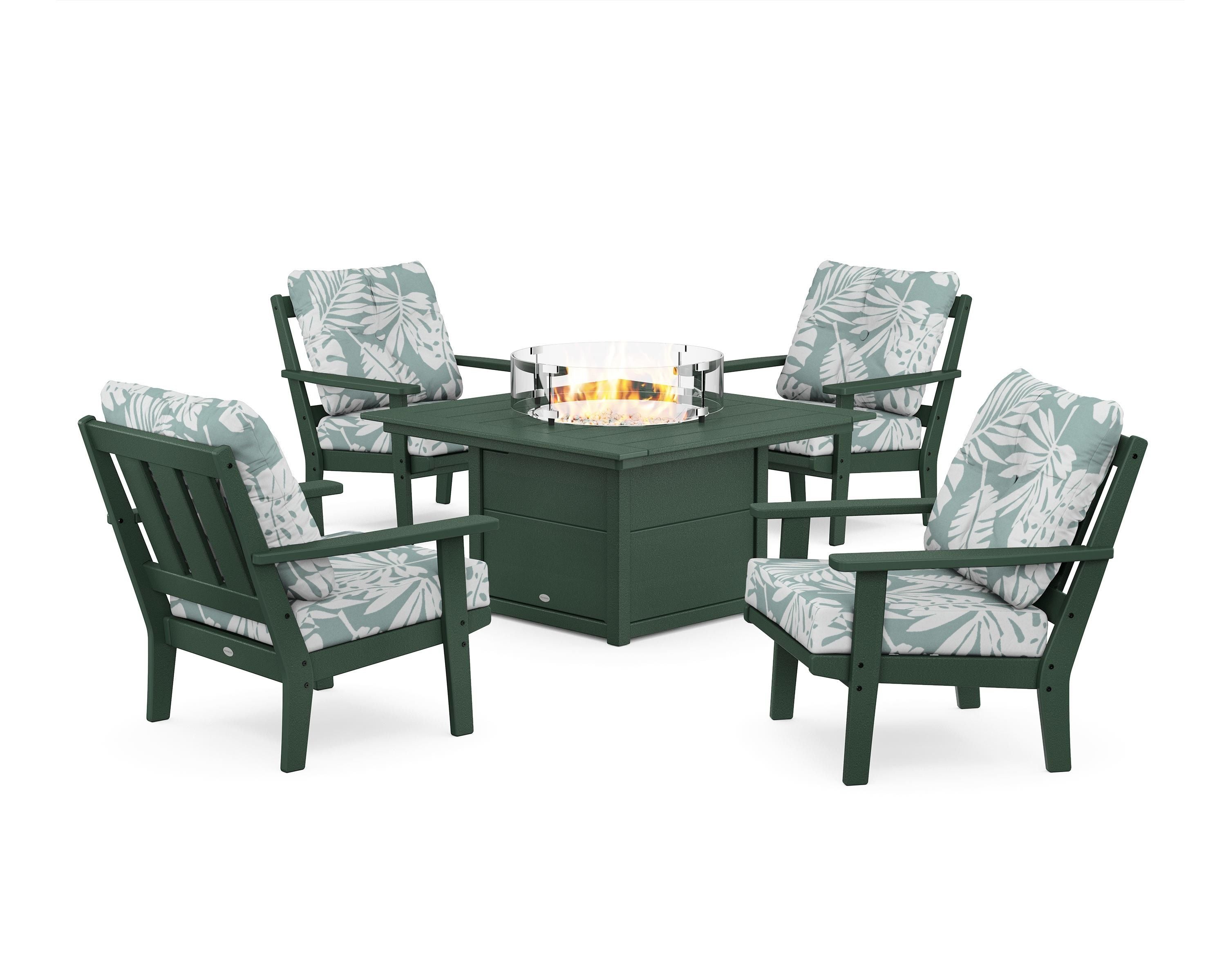 POLYWOOD Oxford 5-Piece Deep Seating Set with Fire Pit Table in Green / Leaf Glacier Spa