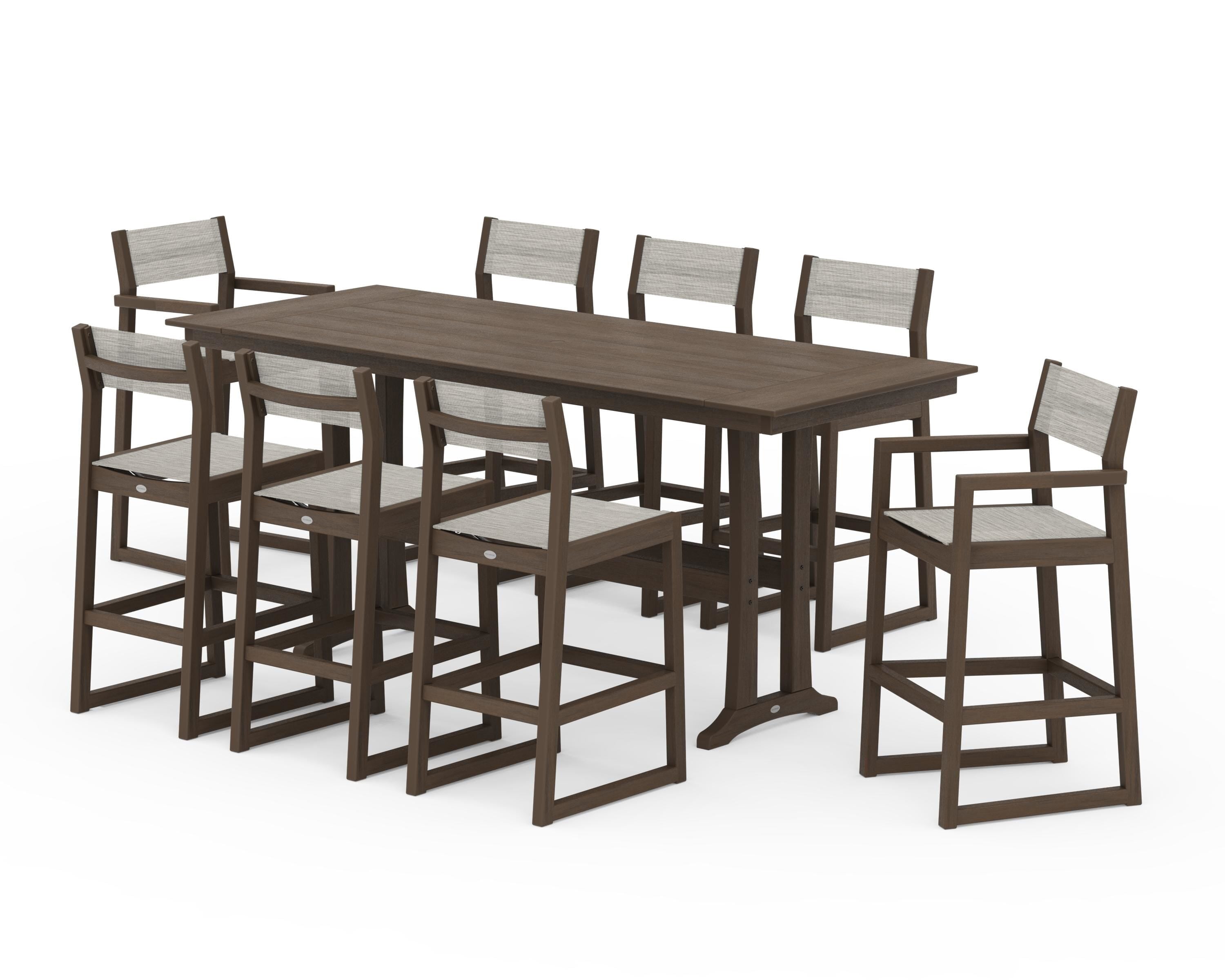 POLYWOOD EDGE Sling 9-Piece Farmhouse Bar Set with Trestle Legs in Kona / Birch Sling