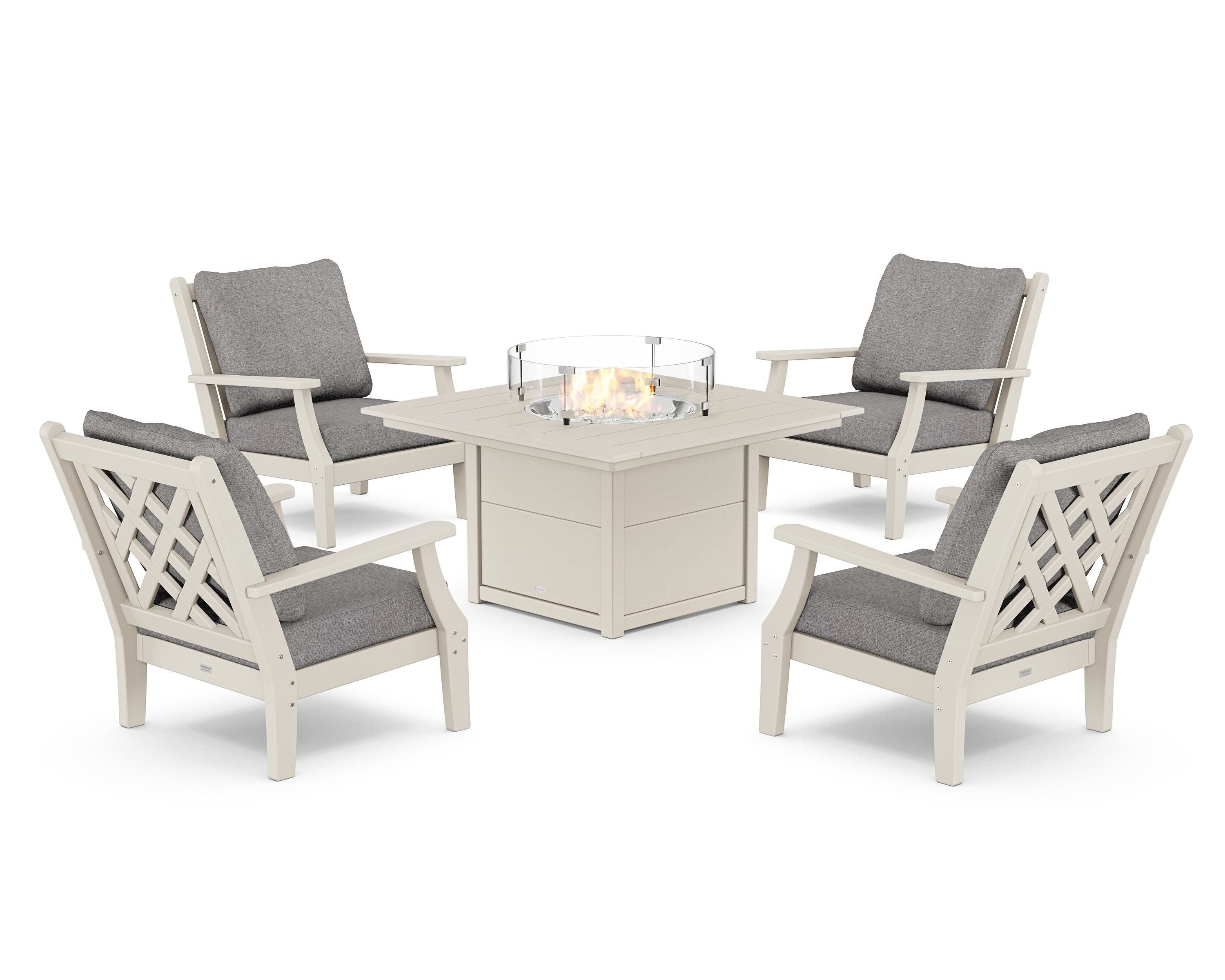 Country Living Wovendale 5-Piece Deep Seating Set with Fire Pit Table in Sand / Grey Mist