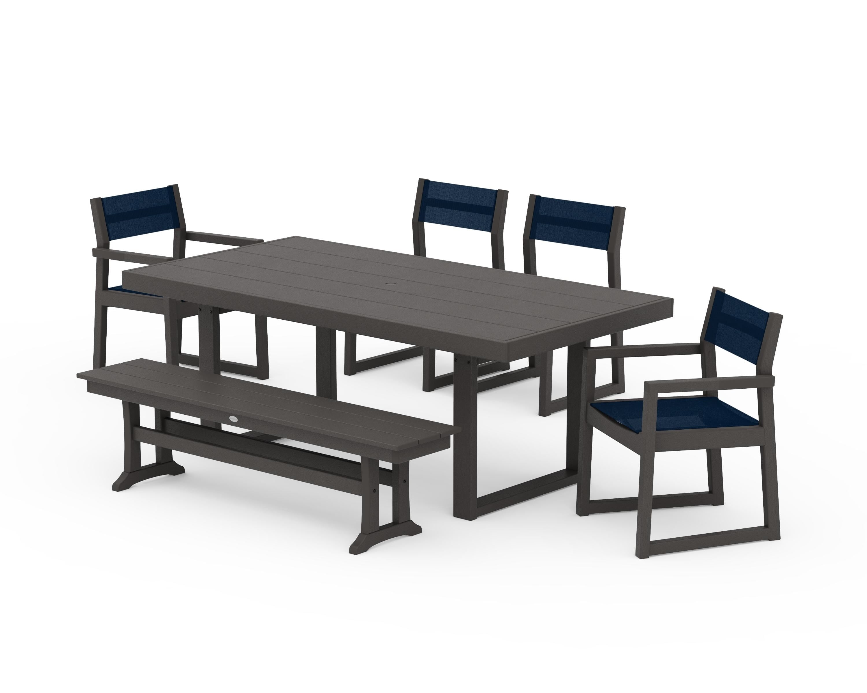 POLYWOOD EDGE Sling 6-Piece Dining Set with Bench in Vintage Coffee / Navy Blue Sling