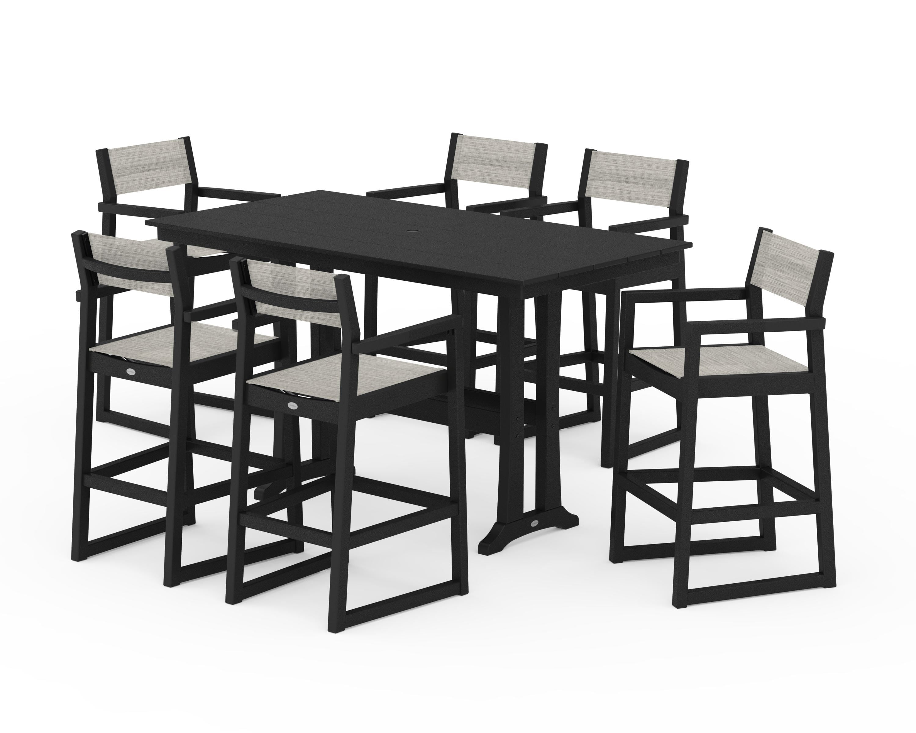 POLYWOOD EDGE Sling Arm Chair 7-Piece Farmhouse Bar Set with Trestle Legs in Black / Birch Sling