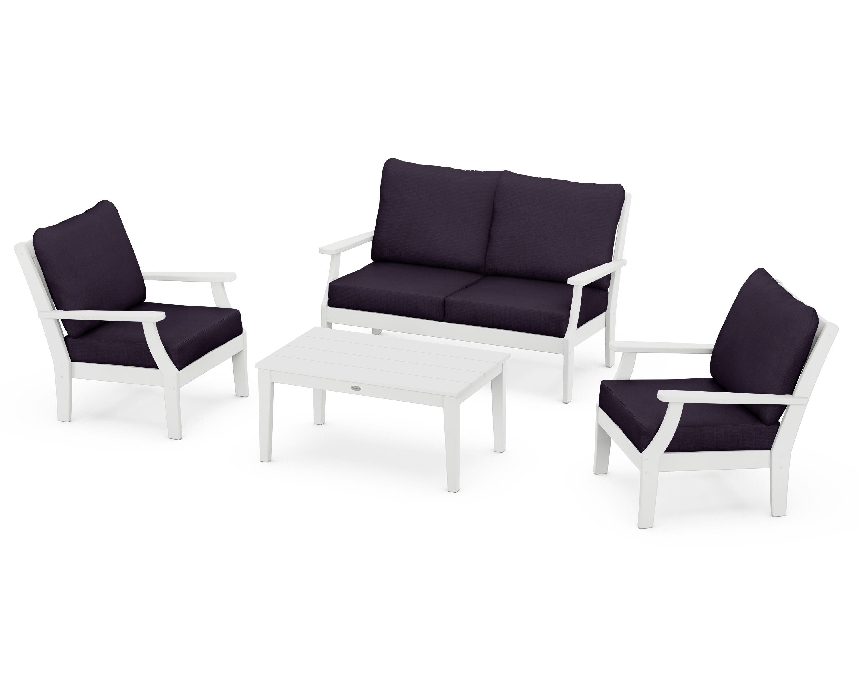 POLYWOOD Braxton 4-Piece Deep Seating Chair Set in White / Navy Linen