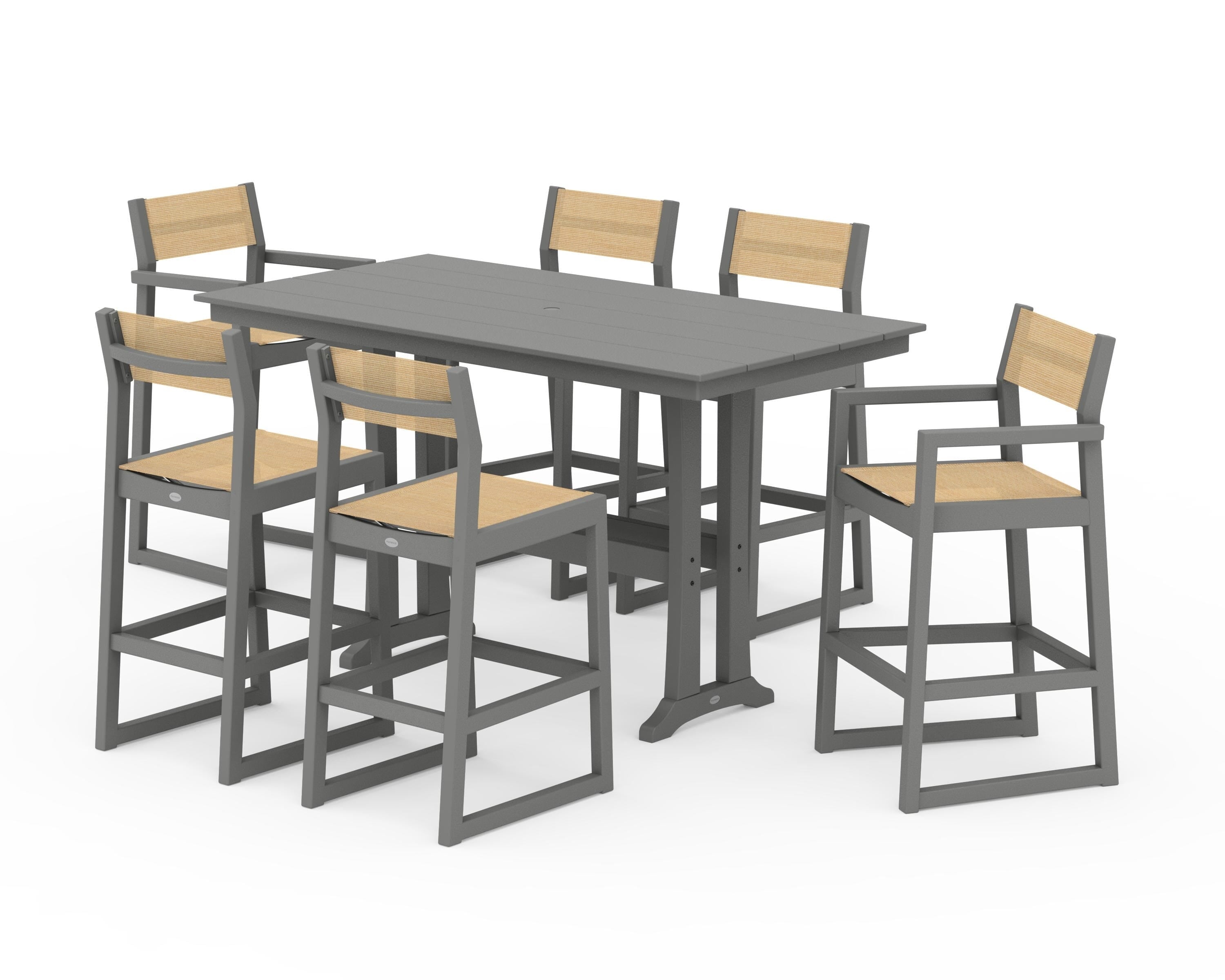 POLYWOOD EDGE Sling 7-Piece Farmhouse Bar Set with Trestle Legs in Slate Grey / Dupioni Apricot Sling