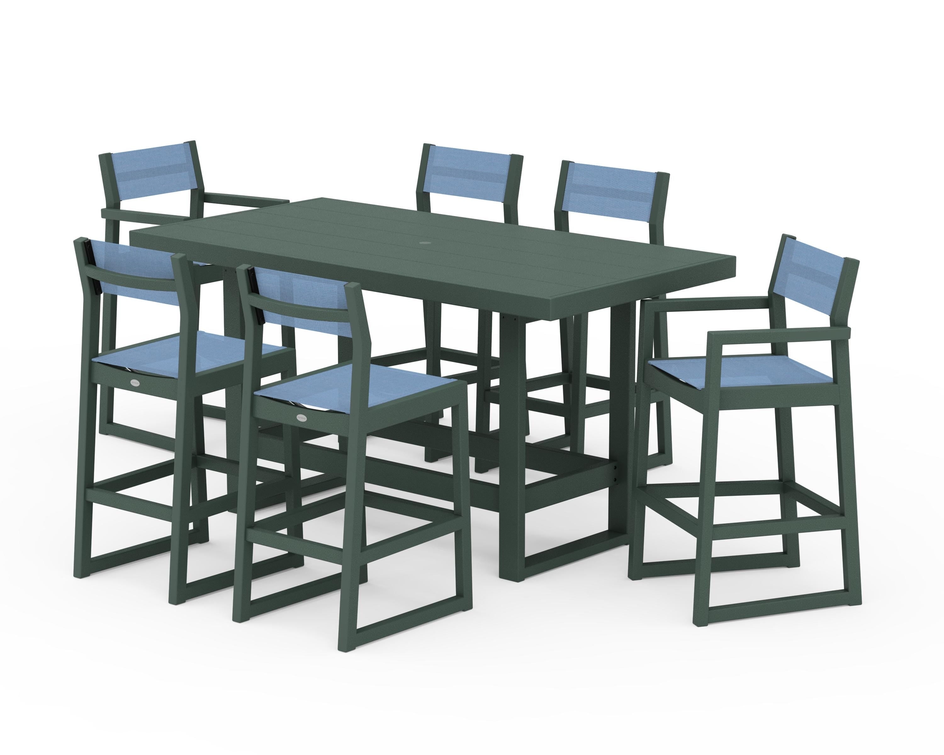 POLYWOOD EDGE Sling 7-Piece Bar Table Set in Green / Poolside Sling