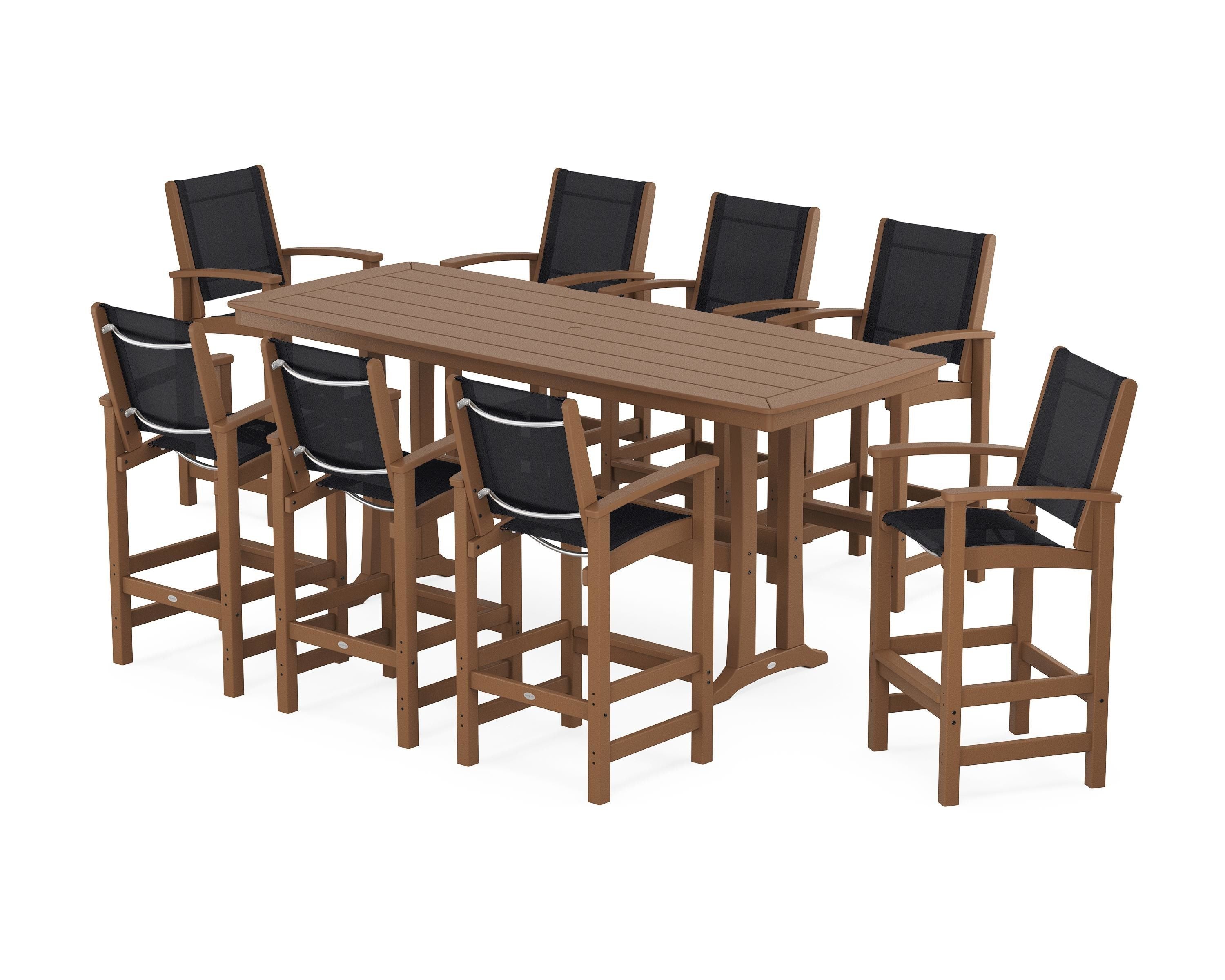 POLYWOOD Coastal 9-Piece Bar Set with Trestle Legs in Teak / Black Sling